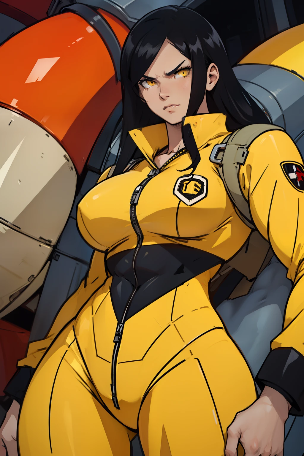 (((1 girl muscular toned body))) pale skin black hair very long hair angry yellow eyes (thick thighs huge breasts) bodysuit ((pilot suit)) cowboy shot