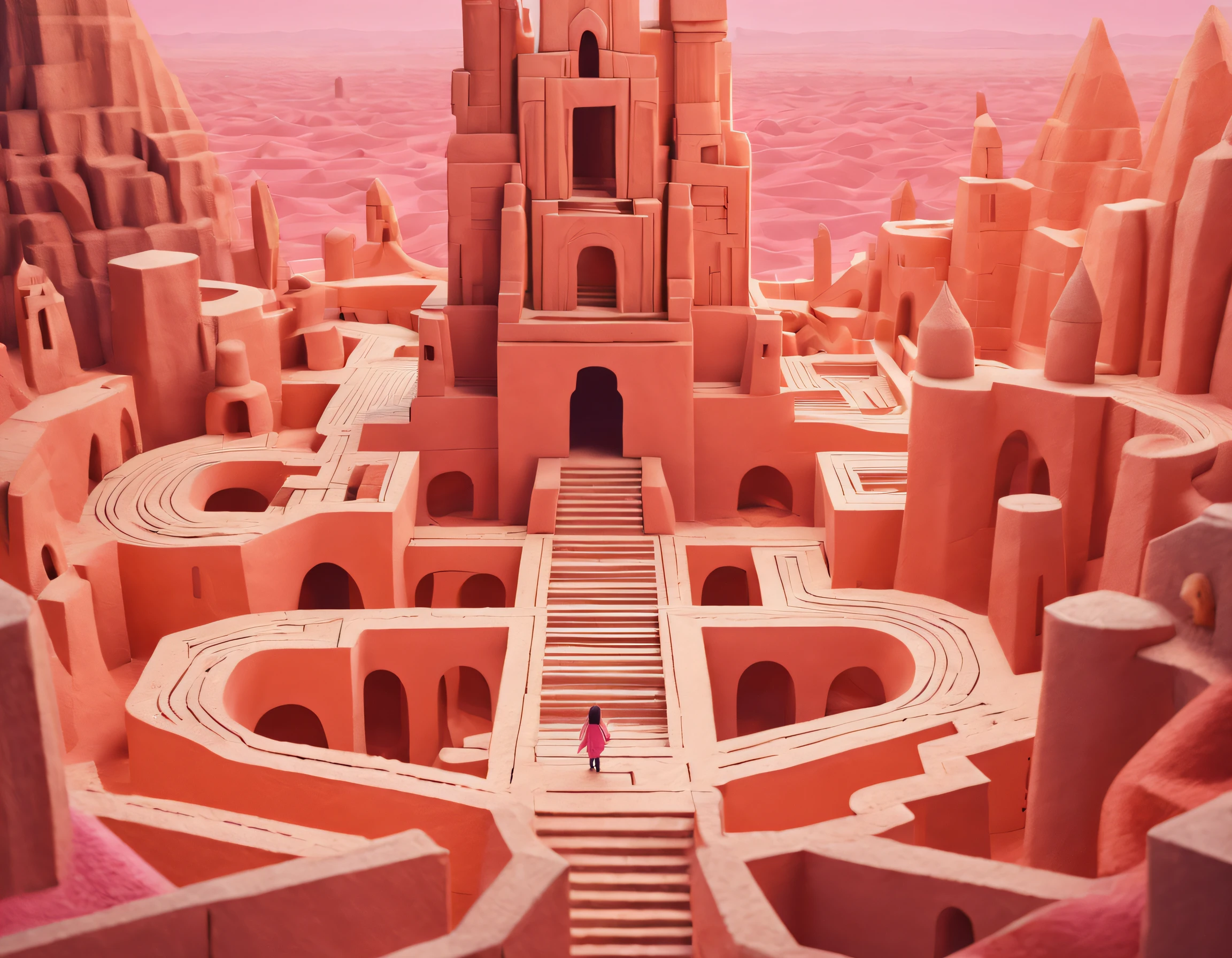 1Blittle girl,In Monument Valley,Labyrinth of magical castles, looking for lost treasure,Geometric space,Unordered regular three-dimensional pattern,Ancient totem poles,Tall monument,Intricate staircase,Pink space