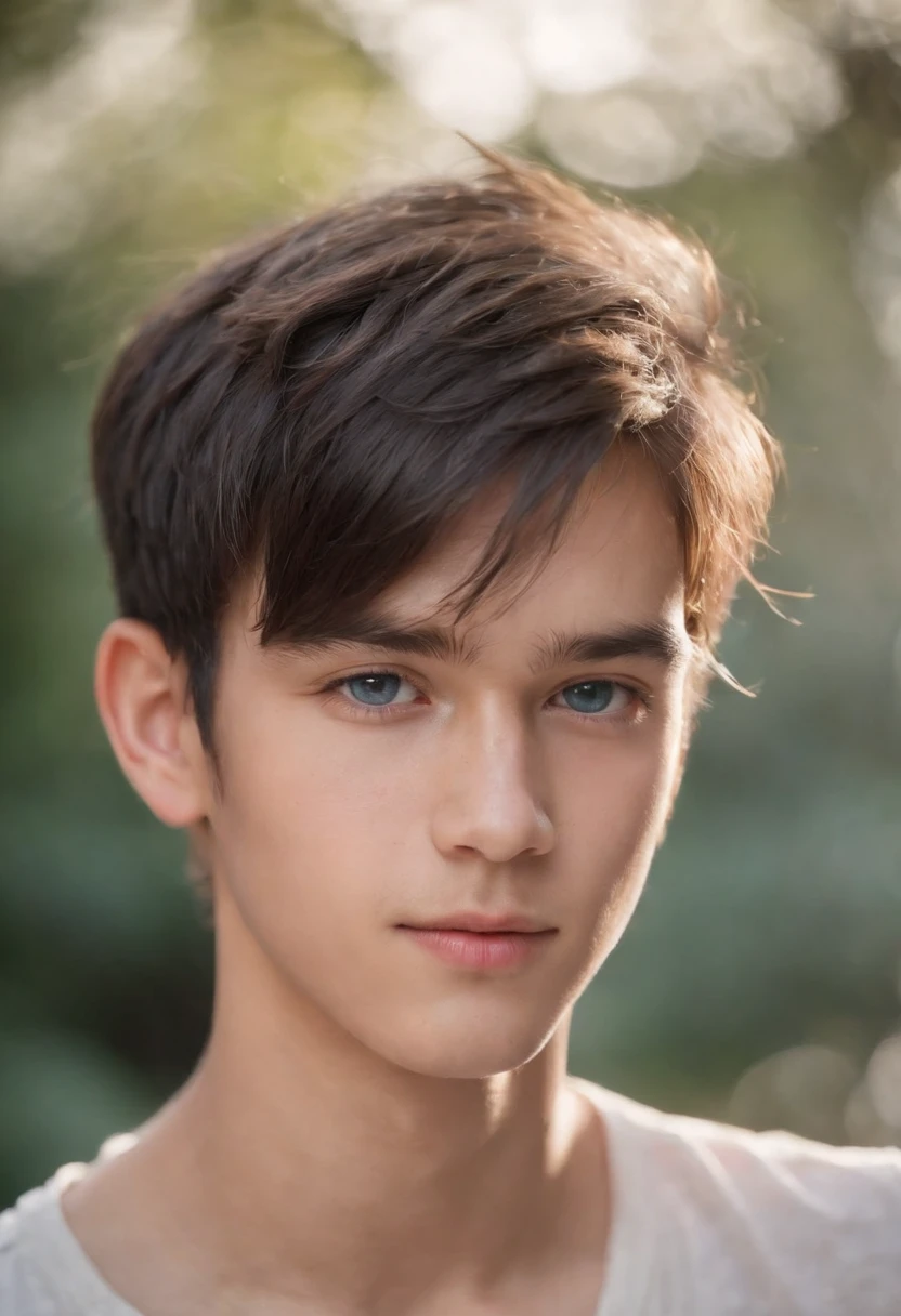 A  boy, 15 yearblue eyes, dark hair, half Thai-Greek descent, fair skin, with a slightly messy hairstyle. (best quality, highres, ultra-detailed), (realistic:1.37), vibrant colors, natural lighting, in a garden setting, wearing a casual outfit.