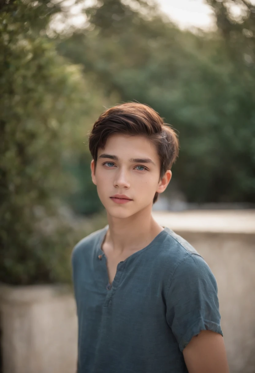 A teenage boy, 15 years old, with blue eyes, dark hair, half Thai-Greek descent, fair skin, with a slightly messy hairstyle. (best quality, highres, ultra-detailed), (realistic:1.37), vibrant colors, natural lighting, in a garden setting, wearing a casual outfit.