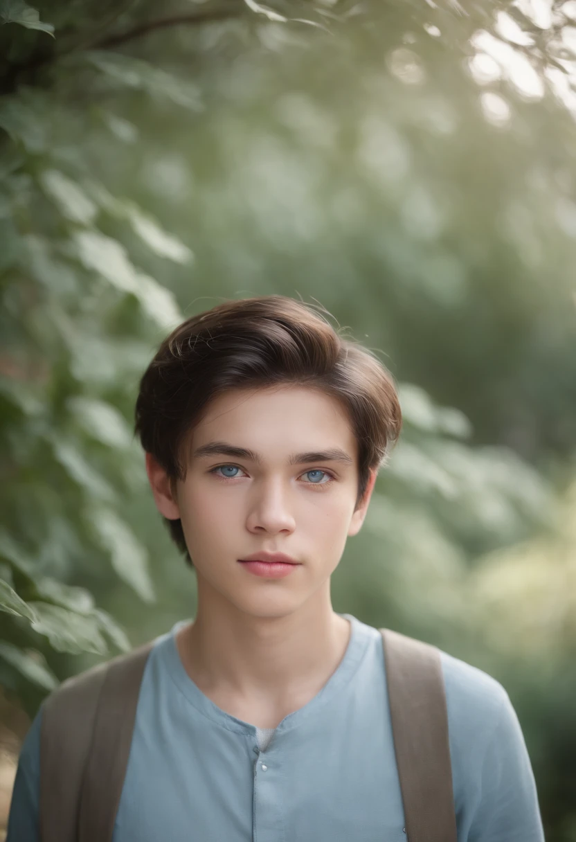 A boy, 15 yearblue eyes, dark hair, half Thai-Greek descent, fair skin, with a slightly messy hairstyle. (best quality, highres, ultra-detailed), (realistic:1.37), vibrant colors, natural lighting, in a garden setting, wearing a casual outfit.