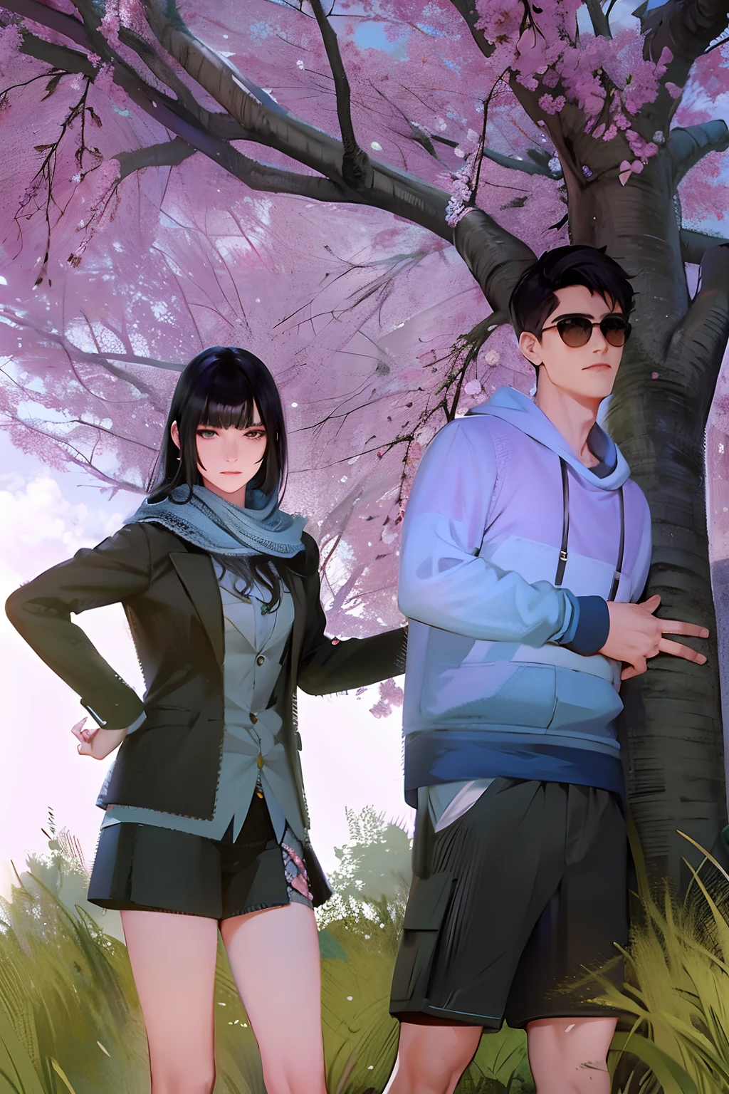 Blue background, black hair, (woman on left), (man on right), (long hair on left), (short and handsome on right), (full body), (sky background), the weather is sunny