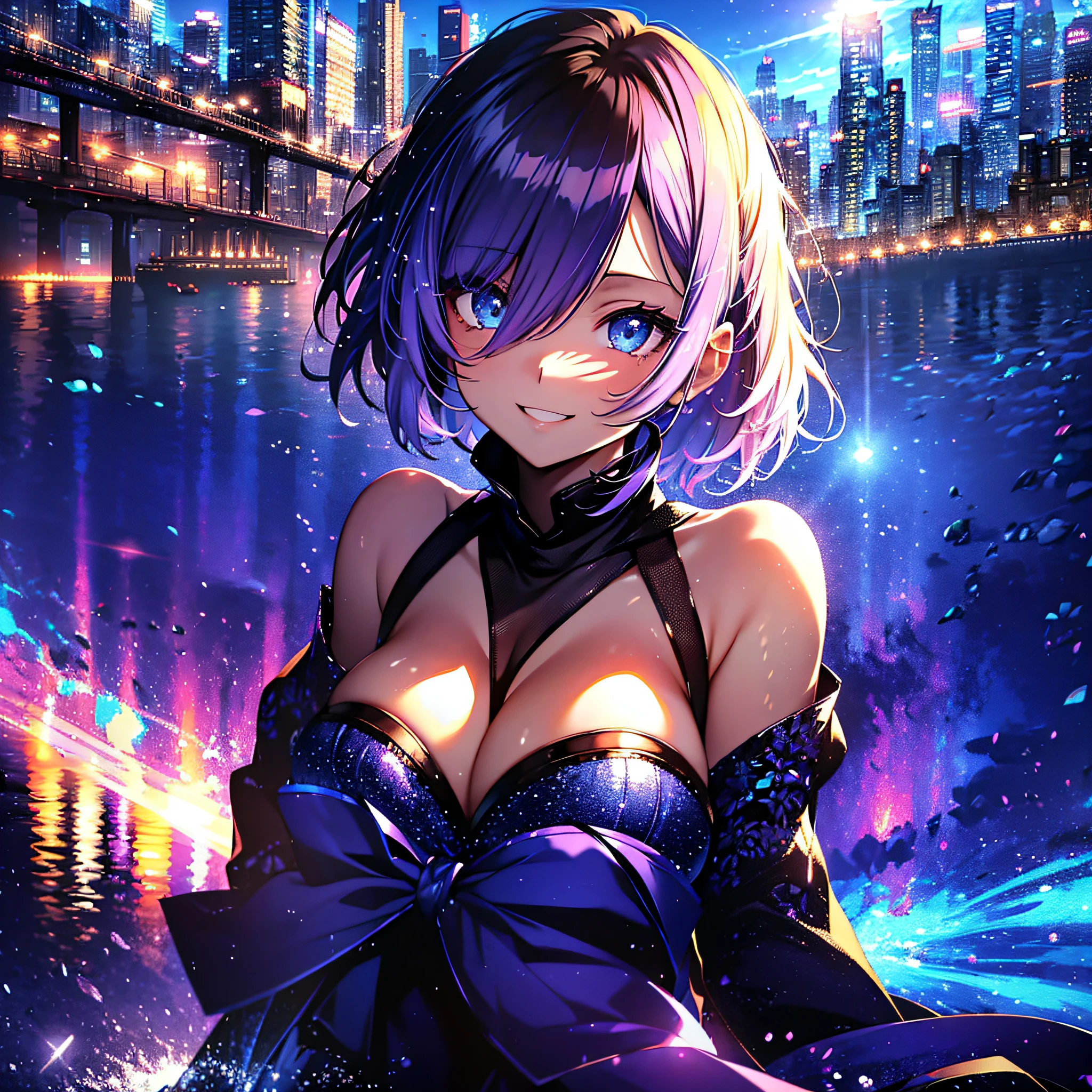 (masutepiece:1.3), (Best Quality:1.3), High resolution, Couboy Shot, I'm on the street with my arms outstretched and a big smile on my face.、Retro cityscape、Spread your arms、Hair color is purple、Short hair、Blue Mesh、Squat position、Vivid sea、Iridescent Sea、huge smile、Spectacular background、 Eyes are purple, Miraculous Eye、Beautiful detailed eyes, ultradetailed eyes、Glitter eyes,The sun's rays illuminate her so beautifully, (One Cute Girl:1.3), , Hair over one eye, Large breasts, Swim in the sea、Spectacular sunlight seen from the deep sea、Dress, Detached sleeves, Dress like a wacky fashion model、White pantyhose