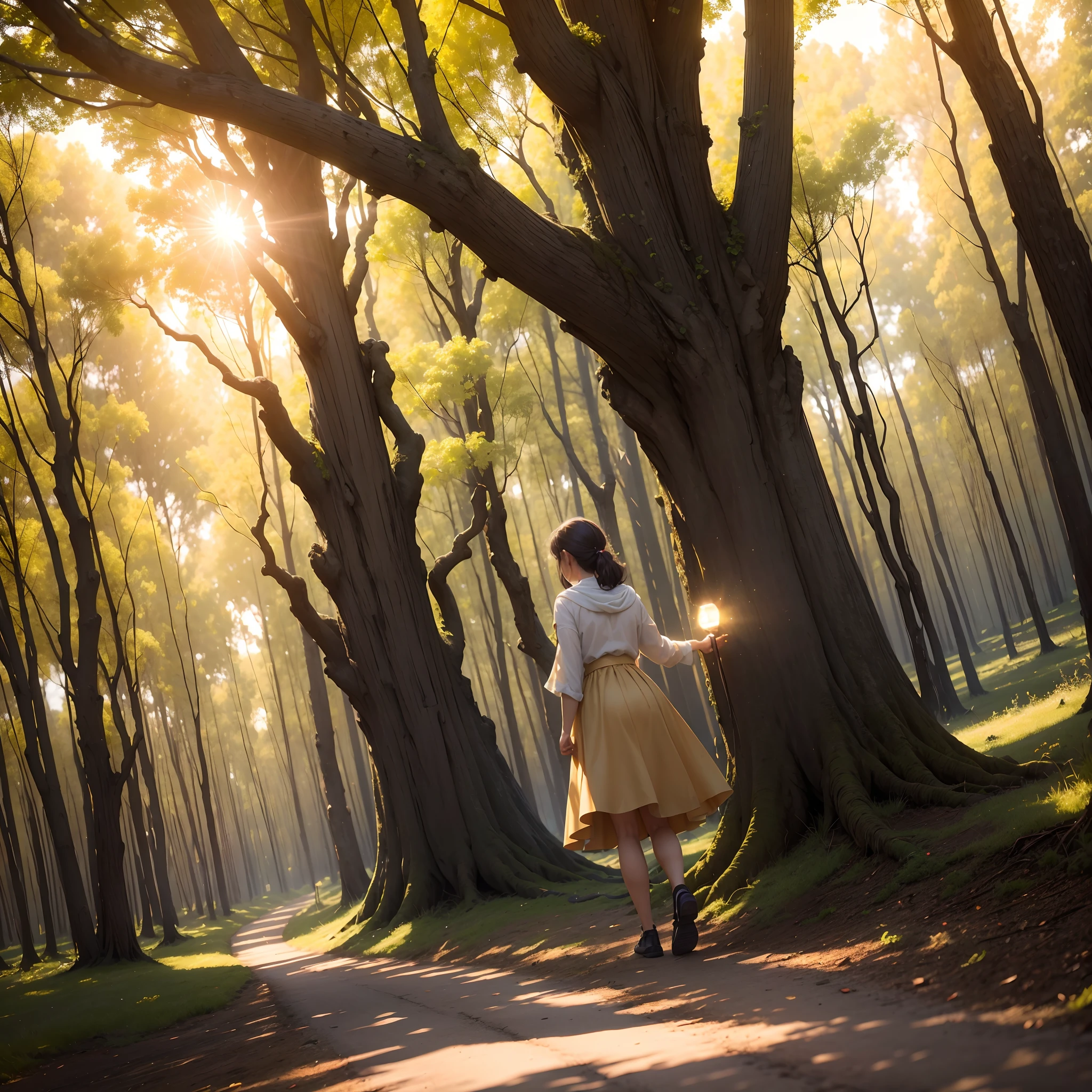 (oil paint),(ultra 8K),Create an image of a golden tree with heart-shaped golden fruits and footprints on the ground sticking out of the tree. Imagine a beleza dessa imagem, with the sun's rays reflecting off the golden tree and highlighting the bright hearts hanging from the branches. The footprints on the ground, simbolizando o caminho percorrido por aqueles que encontraram o amor, add a magical touch to the scene. Let your imagination fly and create that breathtaking image!