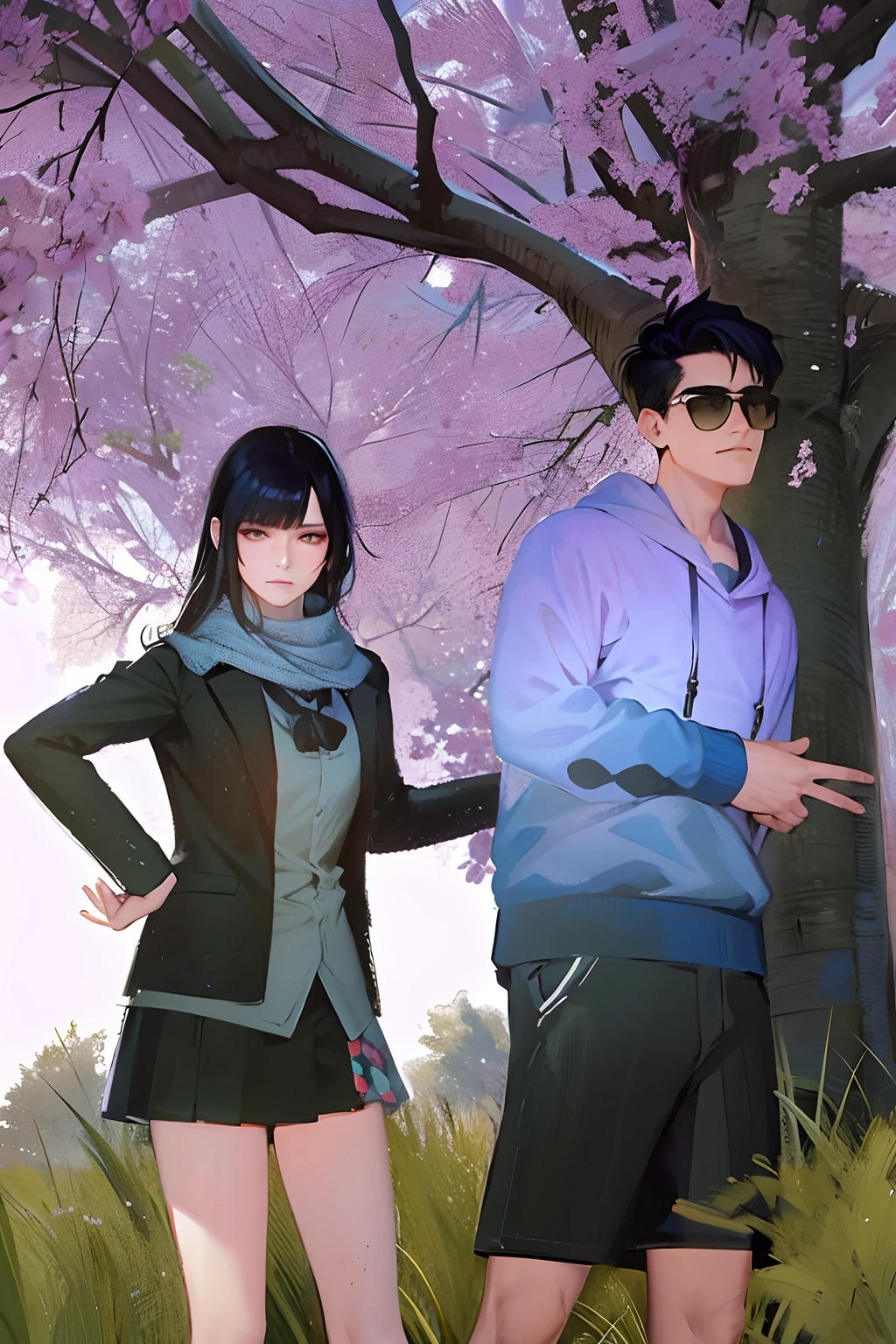 Blue background, black hair, (woman on left), (man on right), (long hair on left), (short and handsome on right), (full body), (sky background), the weather is sunny