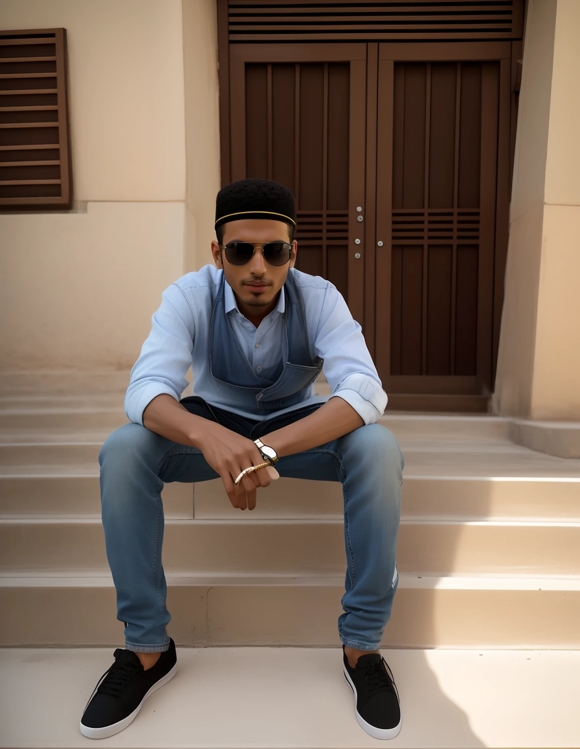 arafed man sitting on steps with sunglasses on his face, with a cool pose, cool pose, taken with sony alpha 9, very very low quality picture, very artistic pose, riyahd cassiem, mohamed chahin, mohamed chahin style, candid picture, shot on nikon z9, ayan nag, with lovely look, photo taken with canon 5d