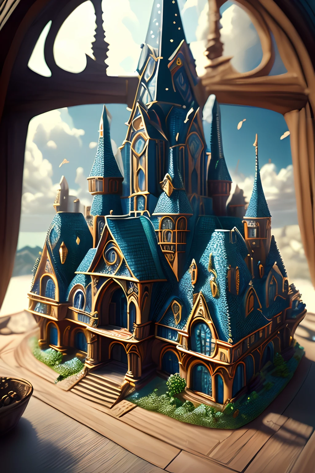(Best quality,4K,8K,A high resolution,Masterpiece:1.2),Ultra-detailed,(Realistic,Photorealistic,photo-realistic:1.37),Fantasy world,Enchanted,Imaginative and fictional,Showcase a landscape where medieval and futuristic civilizations converge,Ceramic craftsmanship,Intricate and detailed glass castle.Details upgraded