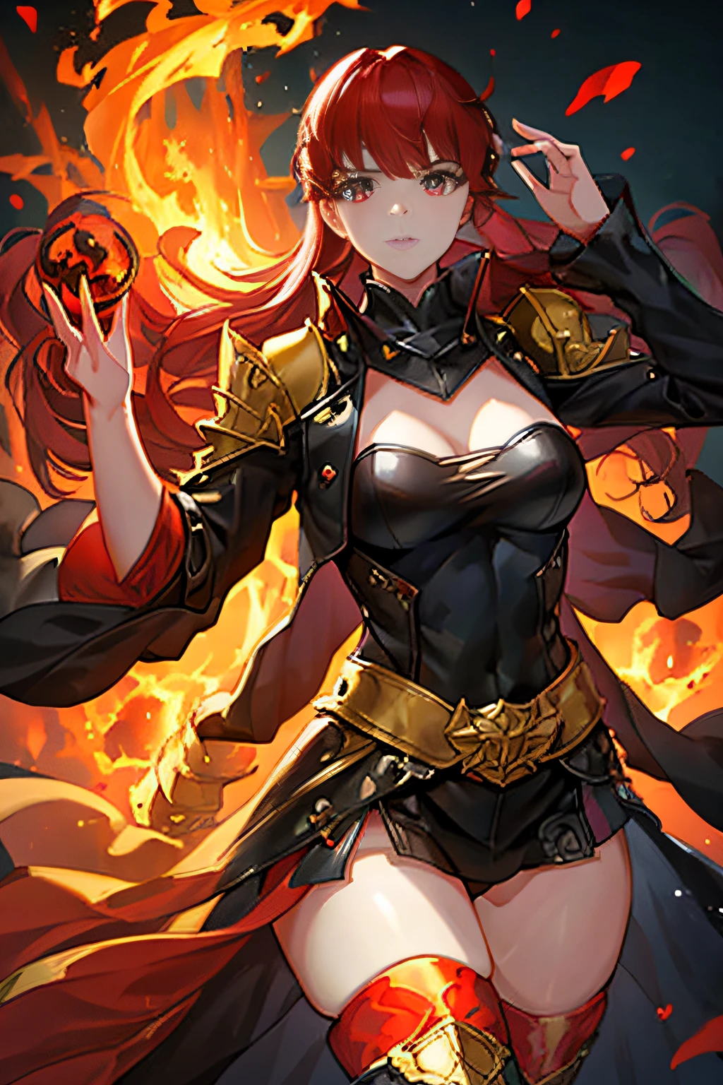 Solo female, Adult beautiful woman, red long hair, yellow eyes, glowing eyes, fire, ancient powers, controlls the fire, exotic, mysterious, confidant, measures 75-40-95, wears a black coat, has fire powers, small waist, confidant, long legs, big legs, big ass, highly voluptuous thighs, extremely detailed face, (perfect anatomy), red and black armor,