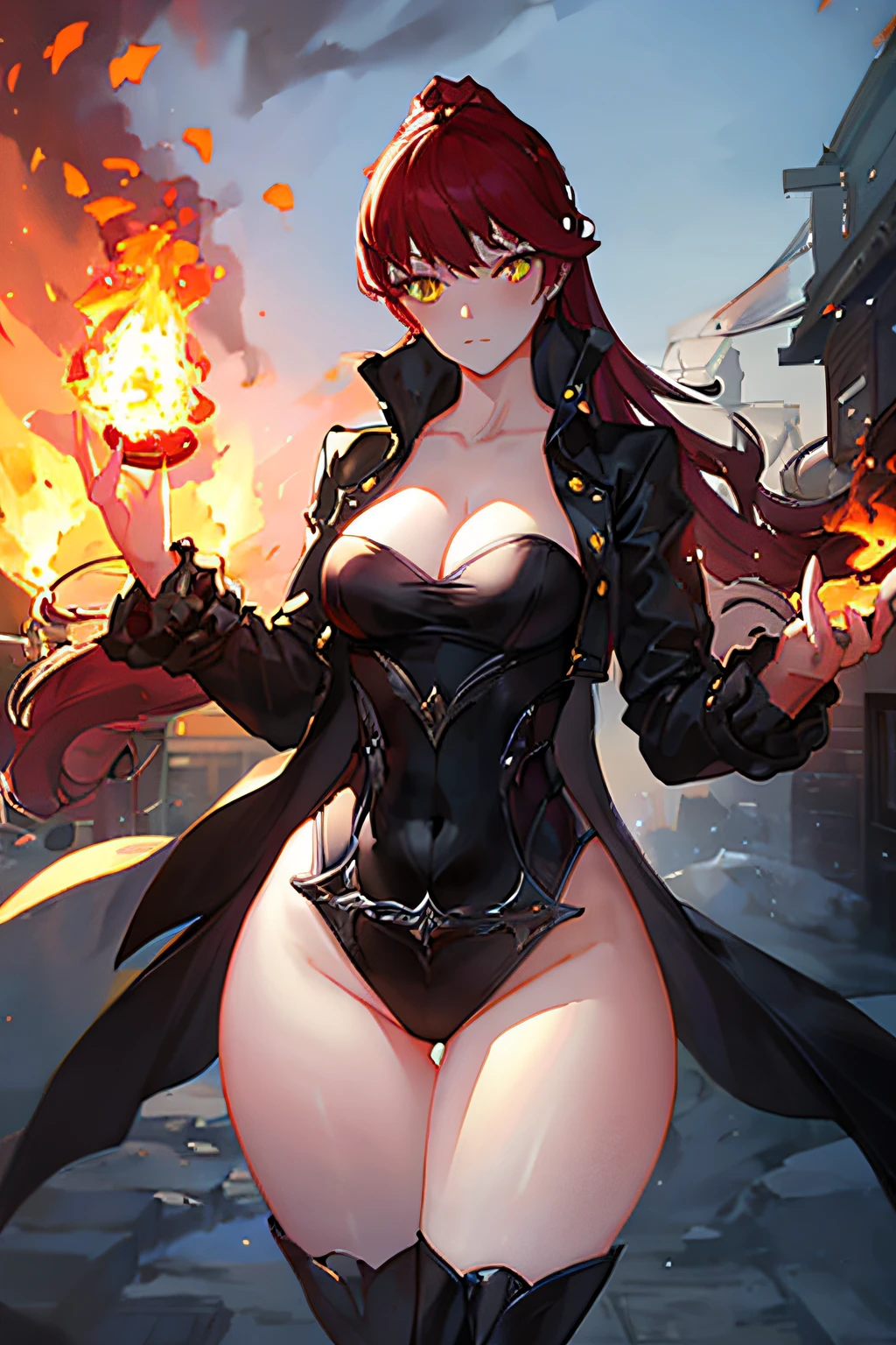 Solo female, Adult beautiful woman, red long hair, yellow eyes, glowing eyes, fire, ancient powers, controlls the fire, exotic, mysterious, confidant, measures 75-40-95, wears a black coat, has fire powers, small waist, confidant, long legs, big legs, big ass, highly voluptuous thighs, extremely detailed face, (perfect anatomy), red and black armor,