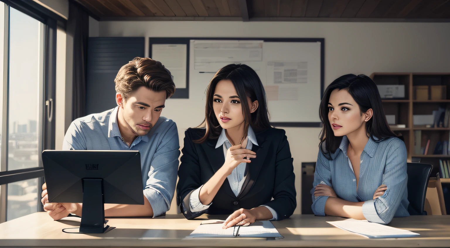 3 PEOPLE IN THE WORKPLACE, ((masterpiece)), ((best quality))), ((ultra-detailed)), UHD, 8K, ((high resolution))), ((illustration)), ((realistic )),