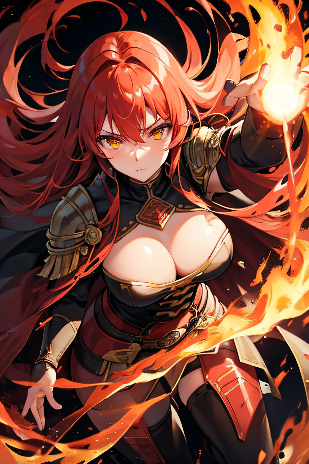 Solo female, Adult beautiful woman, red long hair, yellow eyes, glowing eyes, fire, ancient powers, controlls the fire, exotic, mysterious, confidant, measures 75-40-95, wears a black coat, has fire powers, small waist, confidant, long legs, big legs, big ass, highly voluptuous thighs, extremely detailed face, (perfect anatomy), red and black armor,