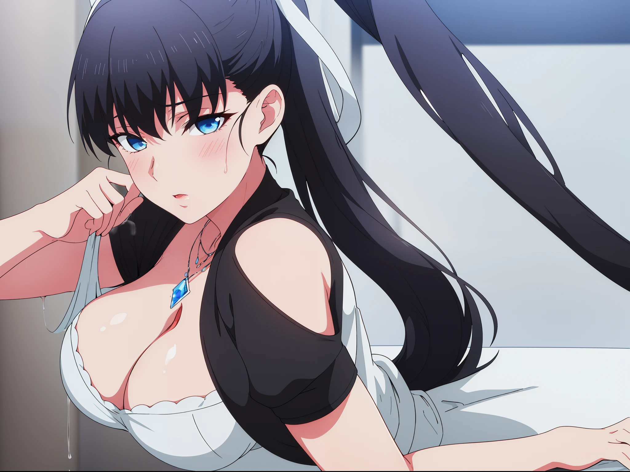 one-girl,(Wearing a maid outfit,Long black stockings,),black_Hair,Blue eyes,pony tails,bangs,Long hair, 1 girl, 20yr old,younger female,Beautiful Finger,Beautiful long legs,Beautiful body,Beautiful nose,Beautiful character design, Perfect eyes, Perfect face,Expressive eyes,Perfect balance, view the viewer,(Focus on her face),(Innocent_Swallowing_Eyes:1.0),(Light_Smile:0.3), offcial art,Extremely detailed CG unifies 8K, 8K, Diamond, and wallpaper, Perfect lighting,Colorful, Bright_Front_face_lighting,White skin, (Masterpiece:1.0),(Best_quality:1.0), 超A high resolution,4K,Ultra-detailed, Photography, 8K, hdr, (Wearing black stockings),(In the rental house,Tummy position,get down on the bed ),A high resolution, absurderes:1.2, Kodak Portra 400, filmgrain, The background is blurred out, Bokeh:1.2, Lens flare, (vibrant_Color:1.2),profesional photo,(Beautiful_face:1.5),(Narrow_waistup),(medium boob,Be red in the face,Blushlush,perspire,full of sweat,Enchanting expression,The chest is exposed,very uncomfortable expression),(The face is very red,Blushlush,shyexpression,Wear a thick necklace around your neck),(((Spray water on your face,Spray water on your face))),(There is water vapor,There is water vapor),