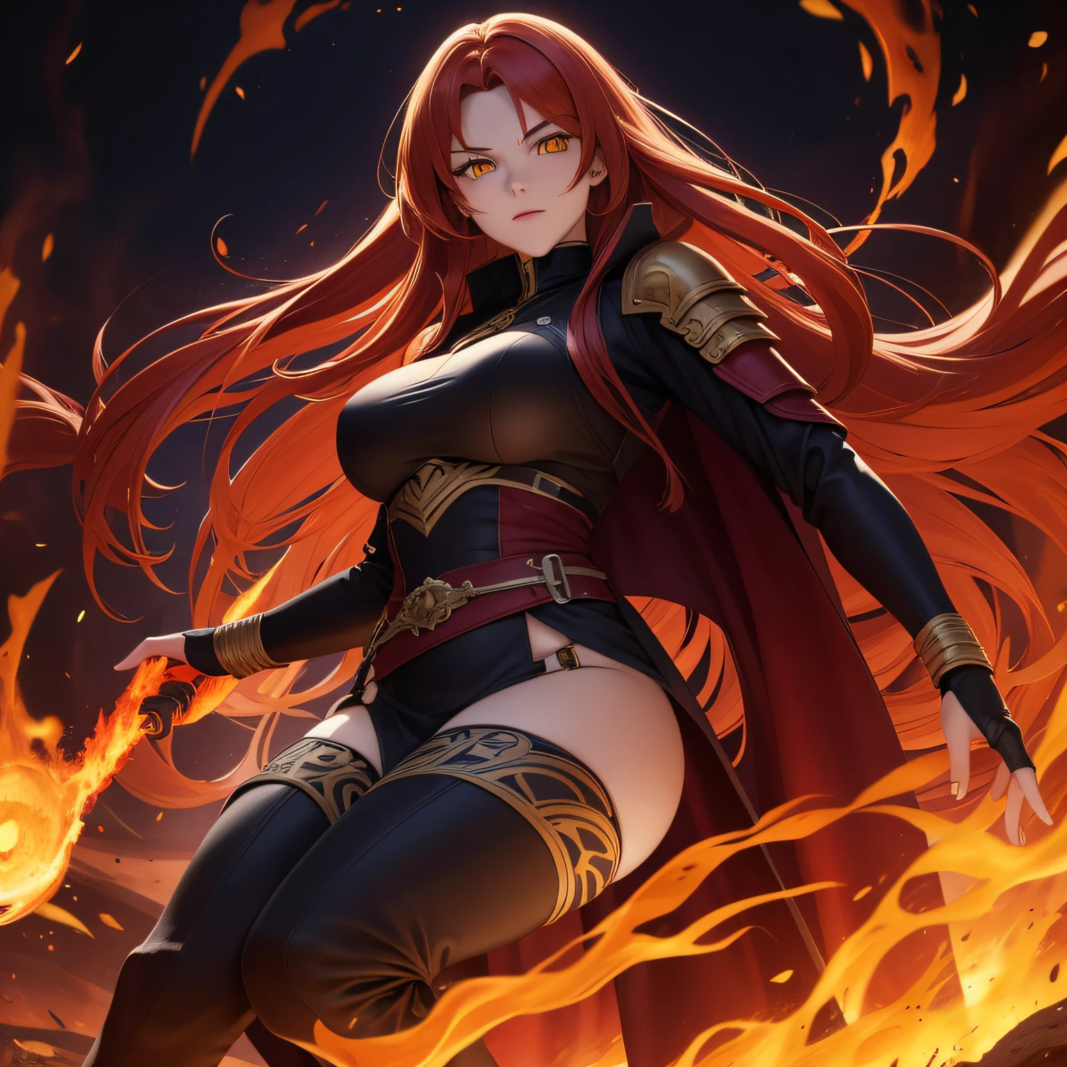 Solo female, Adult beautiful woman, red long hair, yellow eyes, glowing eyes, fire, ancient powers, controlls the fire, exotic, mysterious, confidant, measures 75-40-95, wears a black coat, has fire powers, small waist, confidant, long legs, big legs, big ass, highly voluptuous thighs, extremely detailed face, (perfect anatomy), red and black armor,