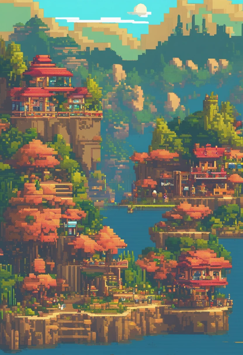 Pixel Art Tourist Destination Landscape. Noche. Fondo de pantalla 3D Pixel Art 4K. Incredible pixel art details. pixel-art. Olas de vapor. Pixel Art detallado de Unreal Engine