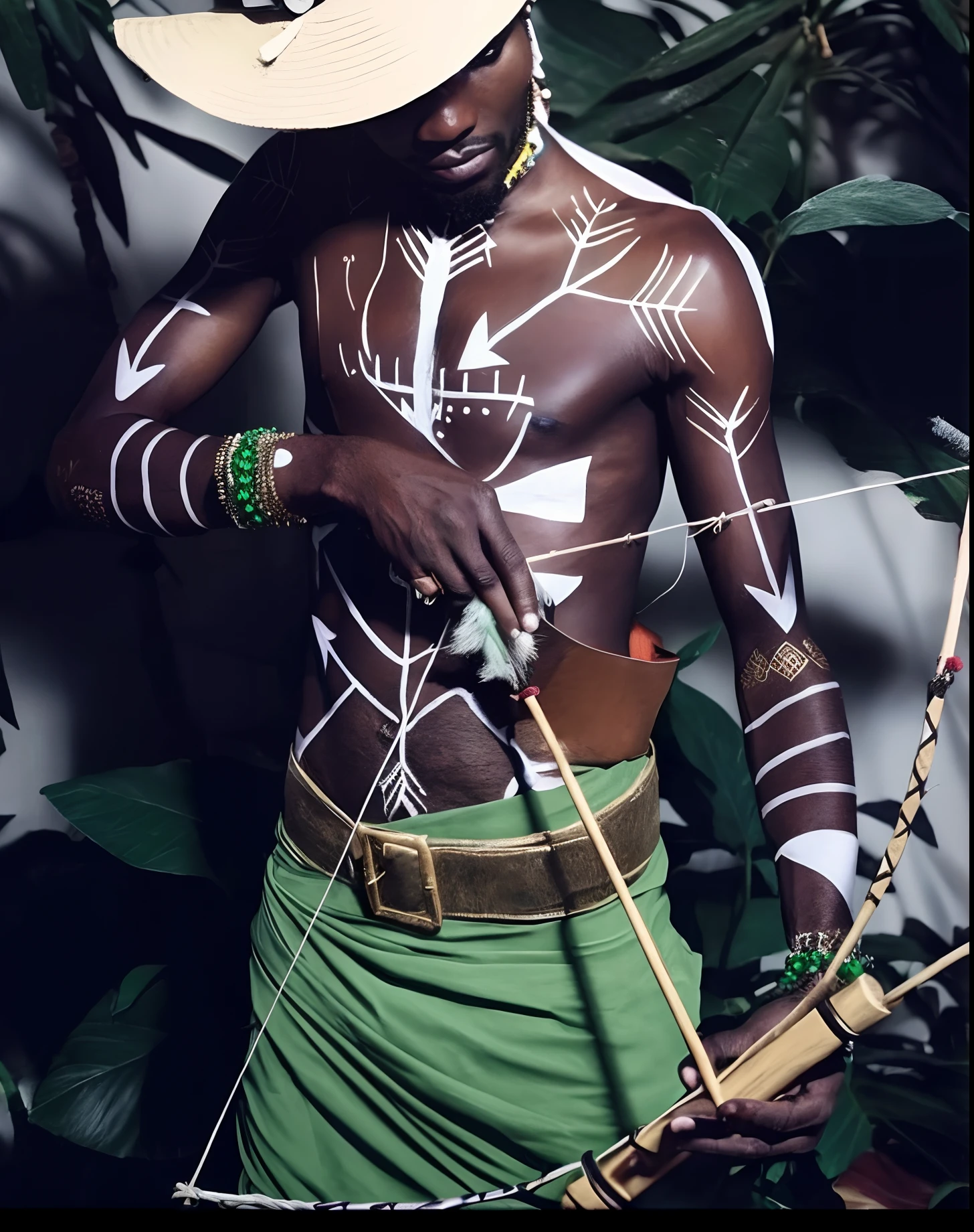 Cinematic hyperrealistic image of a man with a hat, A bow tie and a hat, yoruba body paint, tinta tribal, Guerreiro Maasai, pintura facial tribal, armadura tribal, estilo afrofuturismoo, ESTILO TRIBAL, mistura entre tribal e hi-tech, usando armadura tribal, ayahuasca shaman, maquiagem tribal, afrofuturismo, man holding spear, anthropological photography, Odé, Oxossi, umbanda, umbandista,16k, highes definition, rosto detalhado, rosto detalhado, olhos detalhados, terno detalhado, estilo DC, hiper-realista, + Cinematographic shot + dynamic compositing, incrivelmente detalhado, nitidez, detalhes + detalhes soberbos + noite com luz + perfeccionismo + realismo premiado ((soft-lighting))