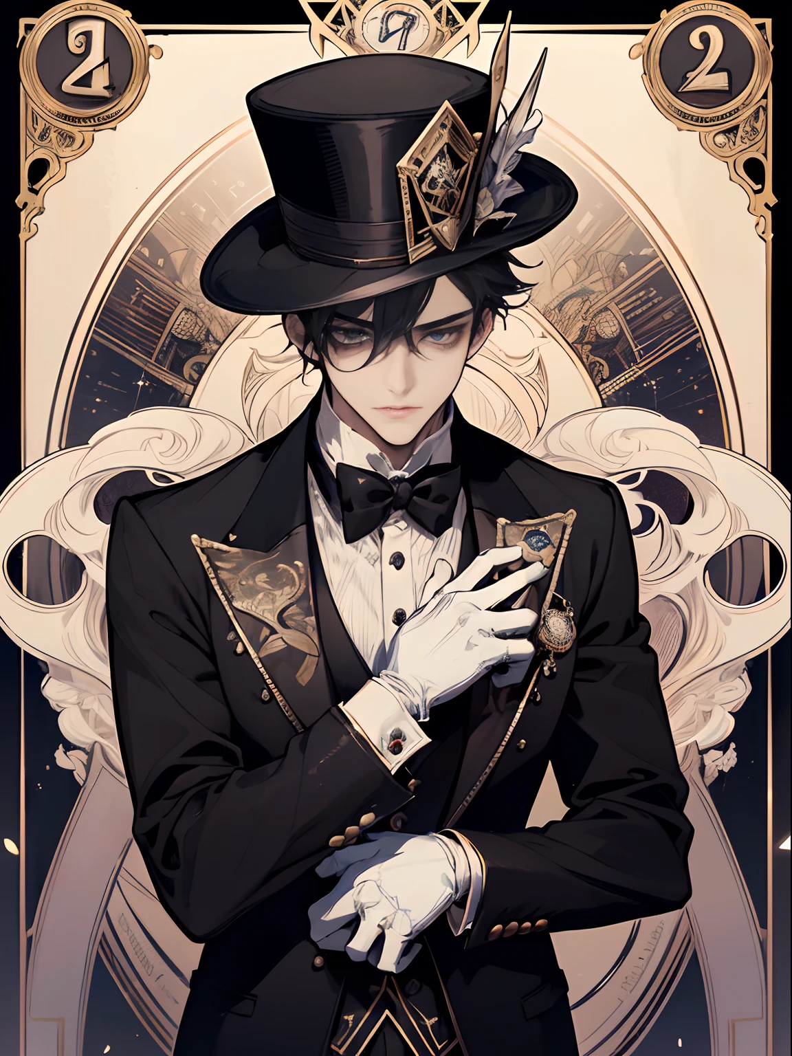 (absurdres, highres, ultra detailed), ung male, adult, handsome, short hair, finely detailed eyes and detailed face, magician \tarot\, magician suit, magic trick, black tuxedo, top hat, white gloves. Symbolism, Visual art, Occult, Universal, Vision casting, Philosophical, Iconography, Numerology, Popularity, Artistic, Alfons Mucha