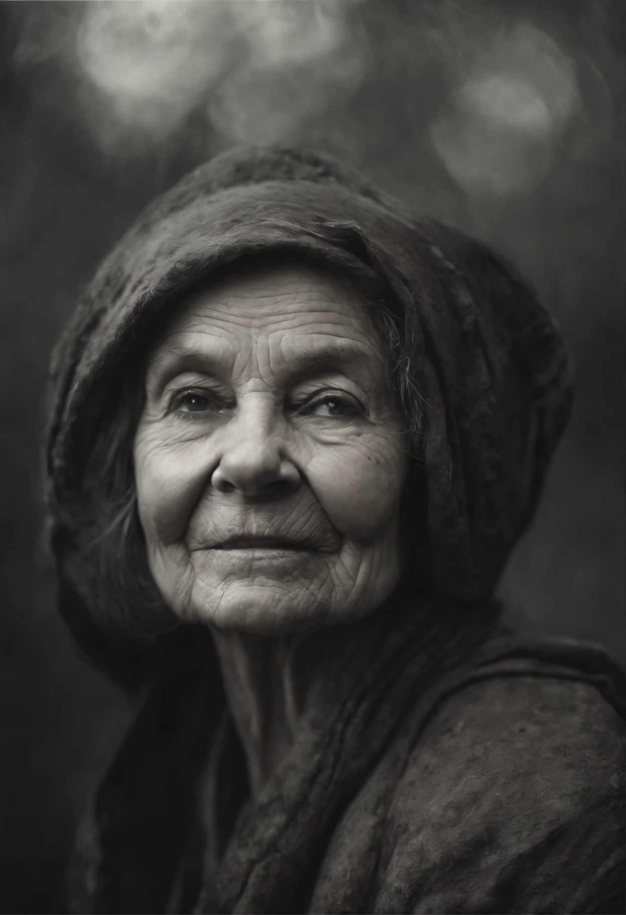 Detailed charcoal drawing in the style of Viktor Miller-Gausa, Ross Tran, Brian Froud, Tom Bagshaw of a Kind Elderly Woman, with soft, intricate shadows in her wrinkled face, Capturing the weathered beauty of a long and fulfilling life