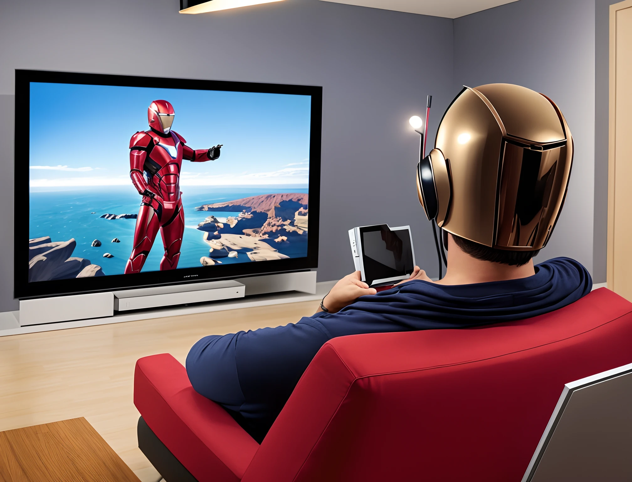 Homem de ferro assistindo tv no tablet