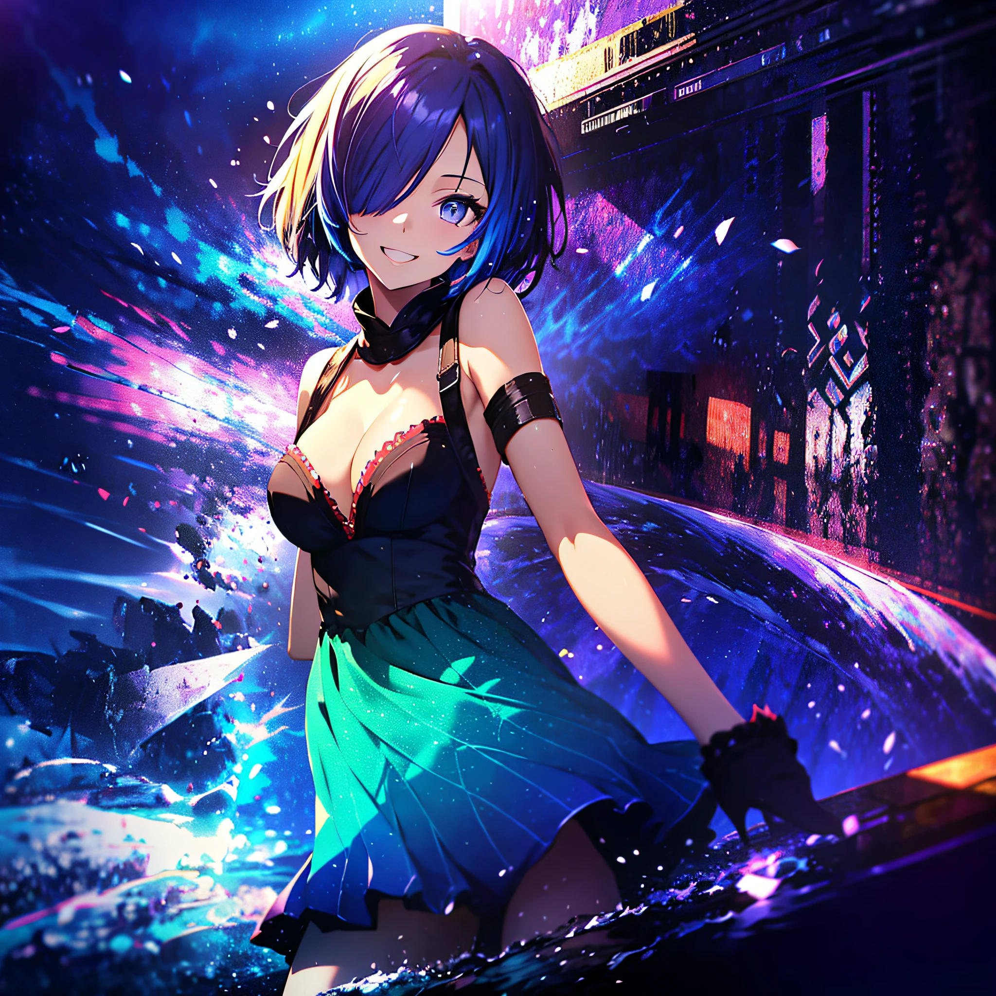 (masutepiece:1.3), (Best Quality:1.3), High resolution, Couboy Shot, I'm on the street with my arms outstretched and a big smile on my face.、Spread your arms、Hair color is purple、Short hair、Blue Mesh、Vivid sea、Iridescent Sea、huge smile、Spectacular background、 Eyes are purple, Miraculous Eye、Beautiful detailed eyes, ultradetailed eyes、Glitter eyes,The sun's rays illuminate her so beautifully, (One Cute Girl:1.3), , Hair over one eye, Small breasts, Swim in the sea、Spectacular sunlight seen from the deep sea、Dress, Detached sleeves, Dress like a wacky fashion model、White pantyhose