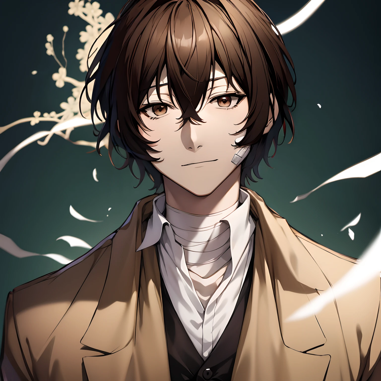 (masterpiece, best quality:1.2), upper body, solo, male focus, 1boy, dazai osamu, expressionless, brown jacket, bandages