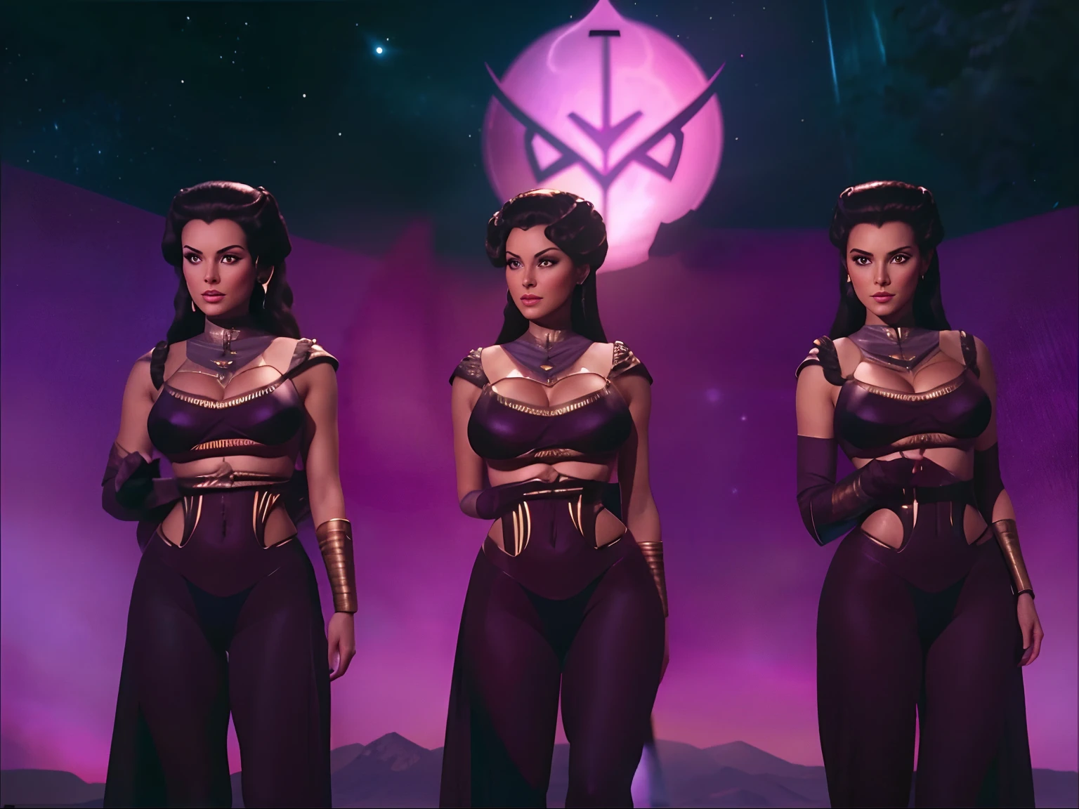(3 identical twins of young Lee Meriwether), (3 identical twins of young seductive sultry Lee Meriwether), as Star Trek Losira, as Star Trek Original Series Losira, pale skin, dark hair, lithe bodacious curvaceous body, (elaborately coiffed ancient egyptian-style hair with large side rolls, wearing purple genie bikini outfit), camel toe, underboobs, in star trek the original series, (4K, 8K, extremely-high resolution), cinematic, hyper-detailed, hyper-sharp, hyper-realistic, symmetrical, "100% anatomically correct", octane render