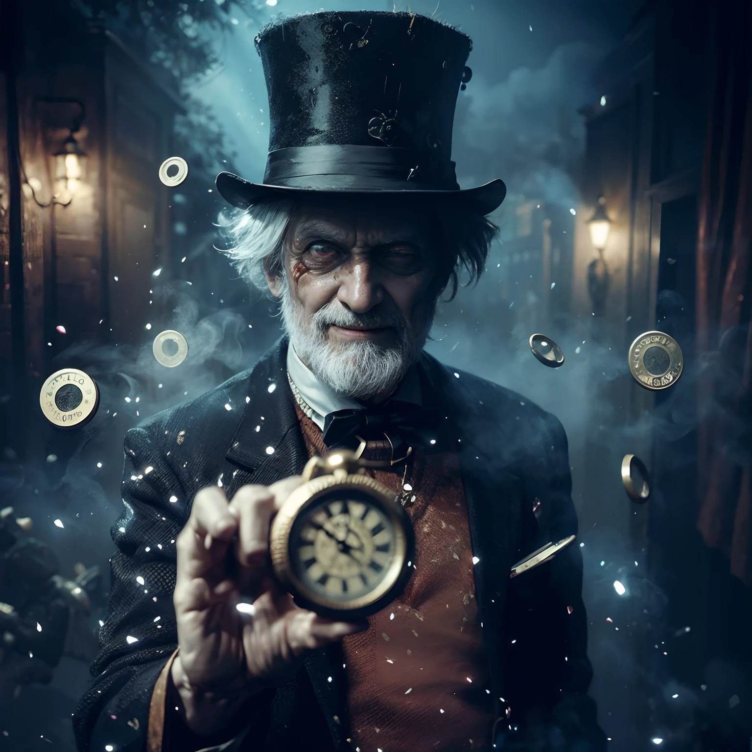 an magician very old zombies man in a spooky old house, wearing magician style, holding old pocket watch, hypnotic with old pocket watch, evil laugh expression, floating coins and card around, look at camera, magic particle light atmosphere, fog, horor movie style, lots of detail, highly detailed, perfect anatomy, detailed face and eyes, nvidia RTX, wide angle view, ultra realistic, UHD, detailed texture, artistic, dynamic composition, fine art, masterpiece, prespective view, rays tracing, trending intricate painting, trending on art station