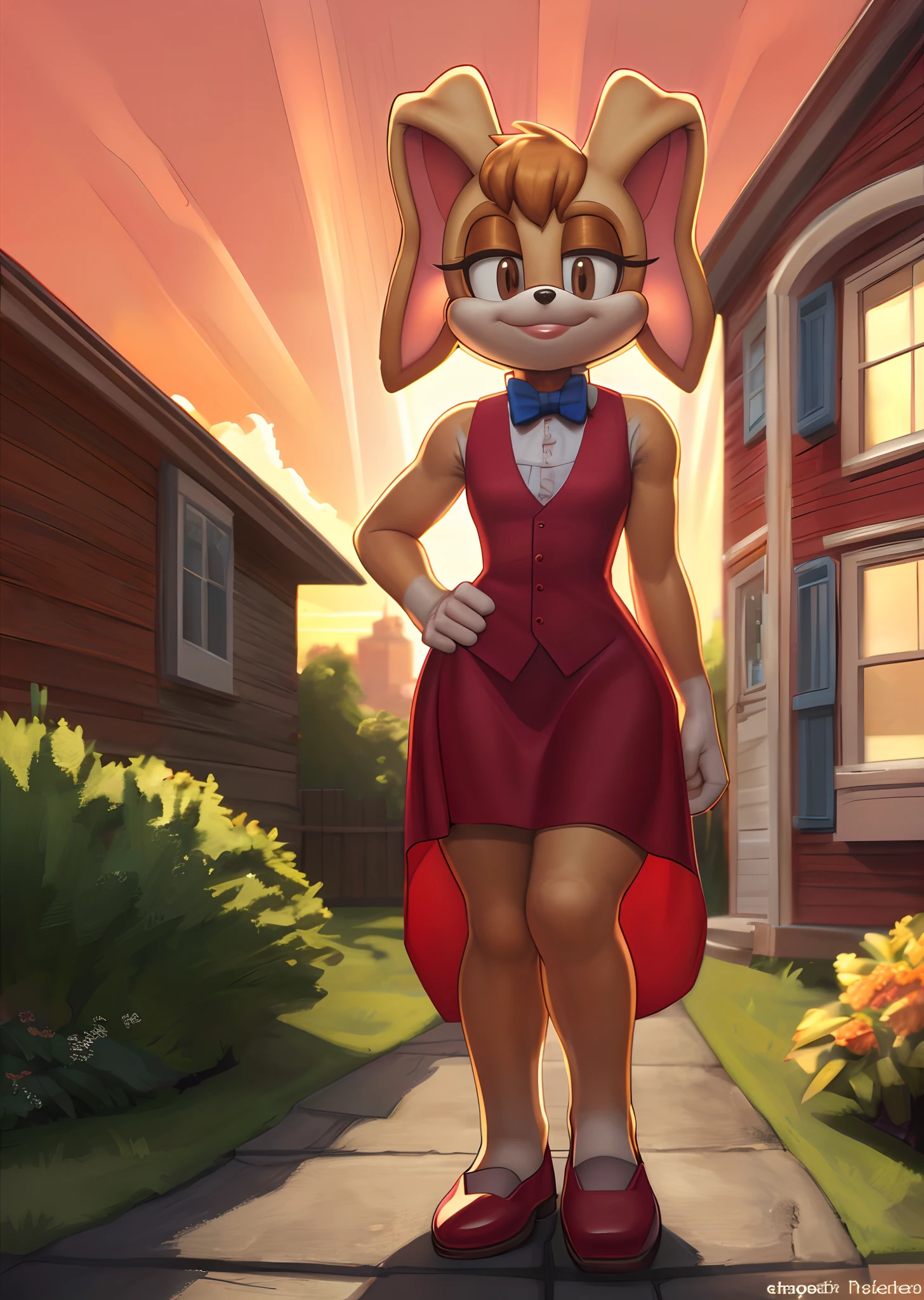 (by qupostuv35:1.2), female, standing, (Detailed face), (solo:1.1), ((anthro, humanoid)), [(thin:1.1) : small petite : (angel \(lady and the tramp\):1.2):4], (Detailed face), (more details, detailed background:1.1), (anthropomorphic legs, anthropomorphic hands:1.1), bangs,In a rose garden, (top:1.1), lab coat, bottomless, pussy, looking at viewer