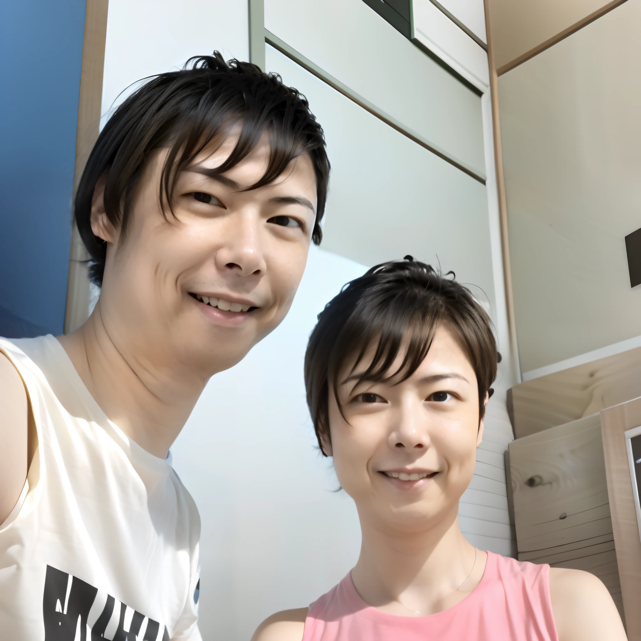 One cool boy,White tank top,Face Focus,NFSW,鎖骨,Brown Short Hair,Cute shin eyes,small nose,Light pink lip,Best Quality, masutepiece, Flat Avatar,(colourfull、vivd colour: 1.4), Japan people's smiles,Spotlight,Flat Avatar,simple background,