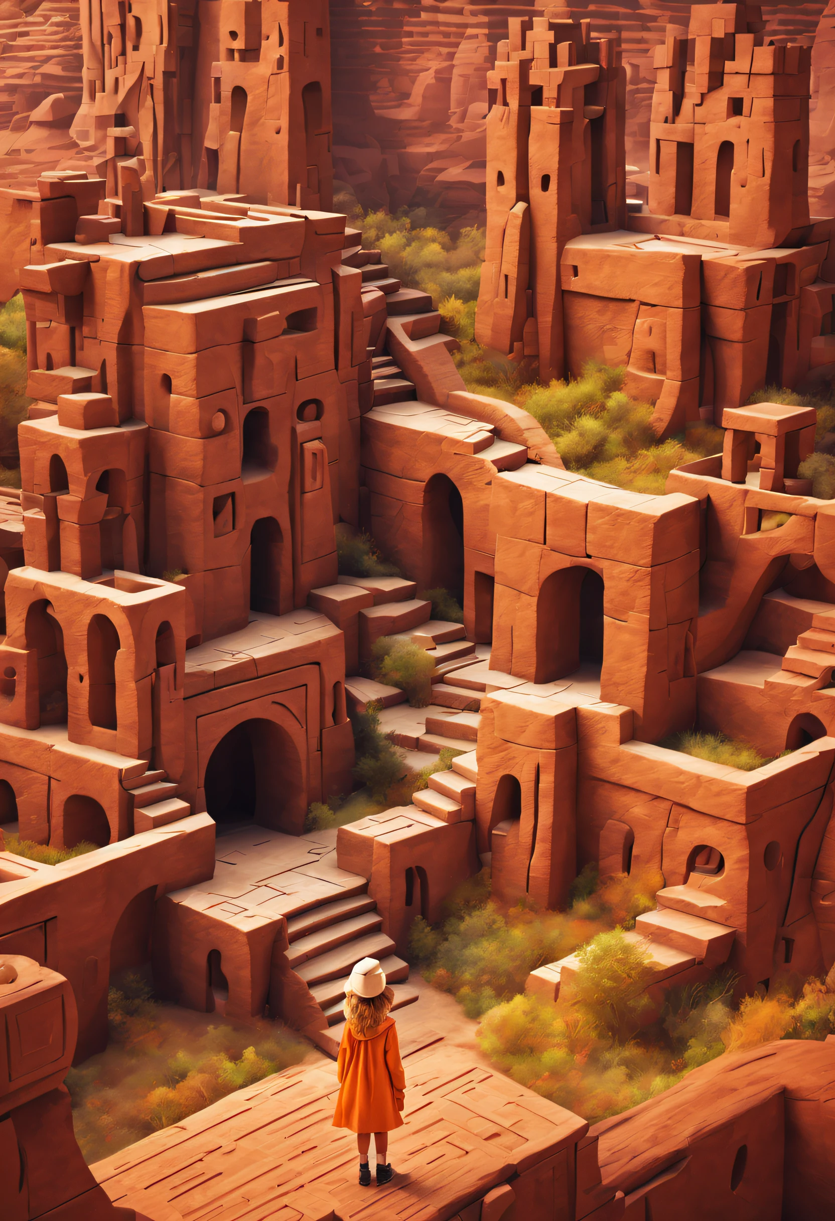 1Blittle girl，In Monument Valley，Labyrinth of magical castles，Little girl looking for lost treasure，Geometric space，Unordered regular three-dimensional pattern，Ancient totem poles，Tall monument，Intricate staircase