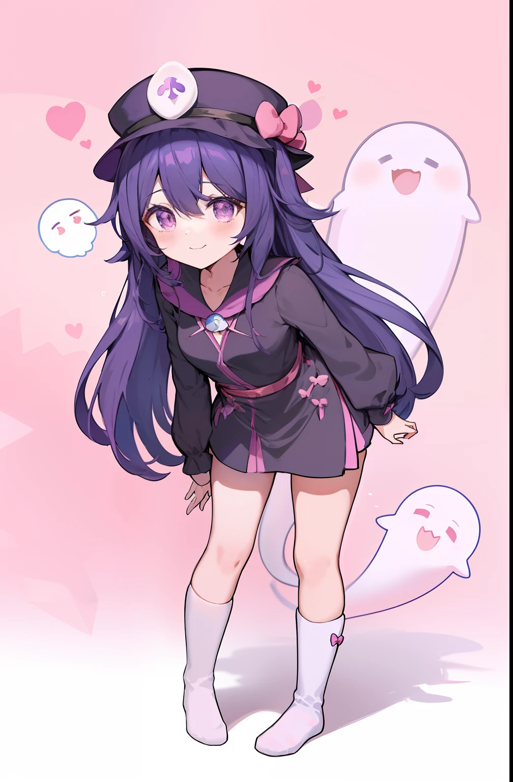 Anime girl in hat and dress with ghost behind, small curvy loli, Cute anime girl, Anime visuals of cute girls, anime moe art style, small loli girl, by Jin Homura, Cute art style, cute anime style, Cute Anime, marin kitagawa fanart, cute kawaii girl, Cute anime waifu in a nice dress