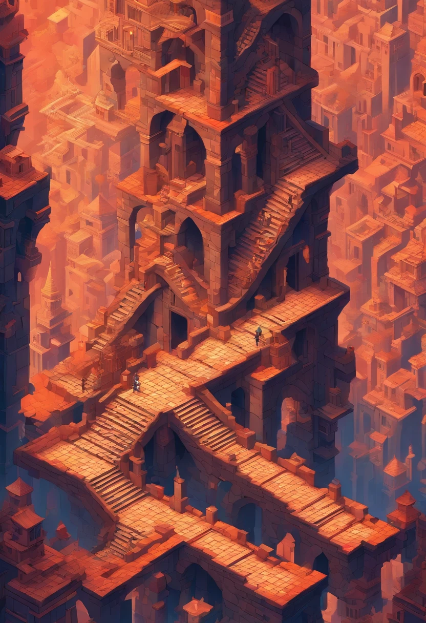 （Collapsed staircase：1.3），（Angry woman：1.3）monument valley。Ida shreds the crow，stairs from hell to heaven, Isometric art, small steps leading down, Inspired by M. c. Escher, Inspired by M.c. Escher, isometric game, Inspired by MC Escher, Step onto the tower, stairways