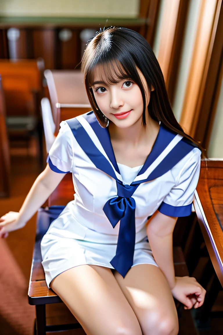 (((Draw only one woman: 2))), Beautiful 18 year old Japan woman, (High school girl in white sailor suit with short sleeves: 1.5), (Japan strict girls' school white sailor uniform:1.5), (( High school girl sitting on a chair in the library reading: 1.2)), ((1screen)), 8K, RAW shot, top quality photo, ​masterpiece, Nice realistic photos , ((Anatomically correct proportions: 1.5)), ((Perfect proportions)), Cute woman like an idol of Japan, Detailed face, Detailed eyes, Narrow Nose, Detailed hands and fingers, Detail Arm, Detailed skin, Detailed legs, short torso, Slender body, (shiny long hair: 1.5), (Large breasts: 1.5), Big breasts that look like the sailor suit is going to tear、Fit sailor suit、(lecture:1.5)