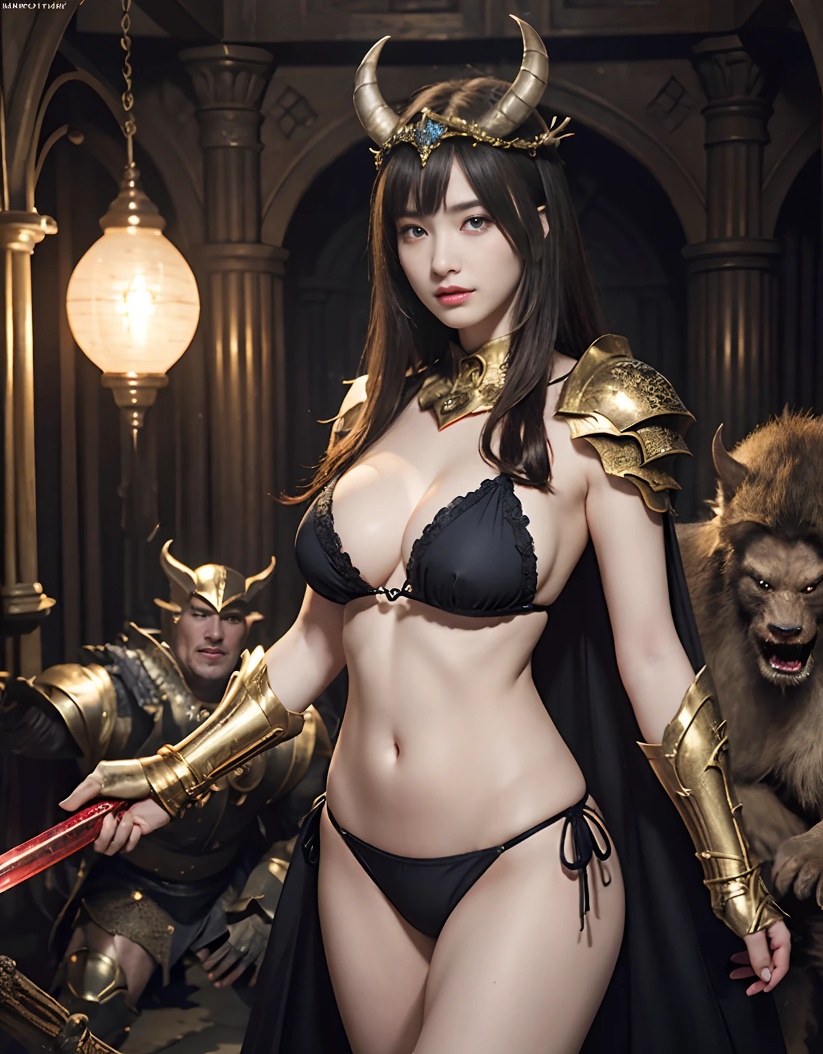 (One Knight Girl)、top-quality、​masterpiece、超A high resolution、(Photorealsitic:1.4)、Raw photo、女の子1人、（Wear the Dark Knight's Armor）、(((heavy breasts))),glowy skin、(Random hair),(((Micro Bikini Armor)))、Fight with beautiful swords and shields、(((Mystical expression))),(((Have a gorgeous and long magic wand))),（Gorgeous gold metal body）、(Fight goblins、ogre、Fierce battle with orcs),（Fighting strong enemies）、Fight fiercely、(Background of decaying dungeon ruins)、（Ultimate Beauty）、（Detailed knight's helmet）、(Fighting Demonic Beasts)、()、((super realistic details))、portlate、(Strong giant demon beast background),globalillumination、Shadow、octan render、8K、ultrasharp、Colossal tits、Raw skin is exposed in cleavage、metals、Details of complex ornaments、Japan details、highly intricate detail、Realistic light、(Mystical expression),CGSoation Trends、Red Eyes、radiant eyes、Facing the camera)、Gundam、Small LED、Toostock、（Background of the mutation）、（Attack of the Monster Beasts）、Ultimate Beauty、beautiful female knight、Wear colorful armor、Detailed sword、（Wearing legendary armor）、