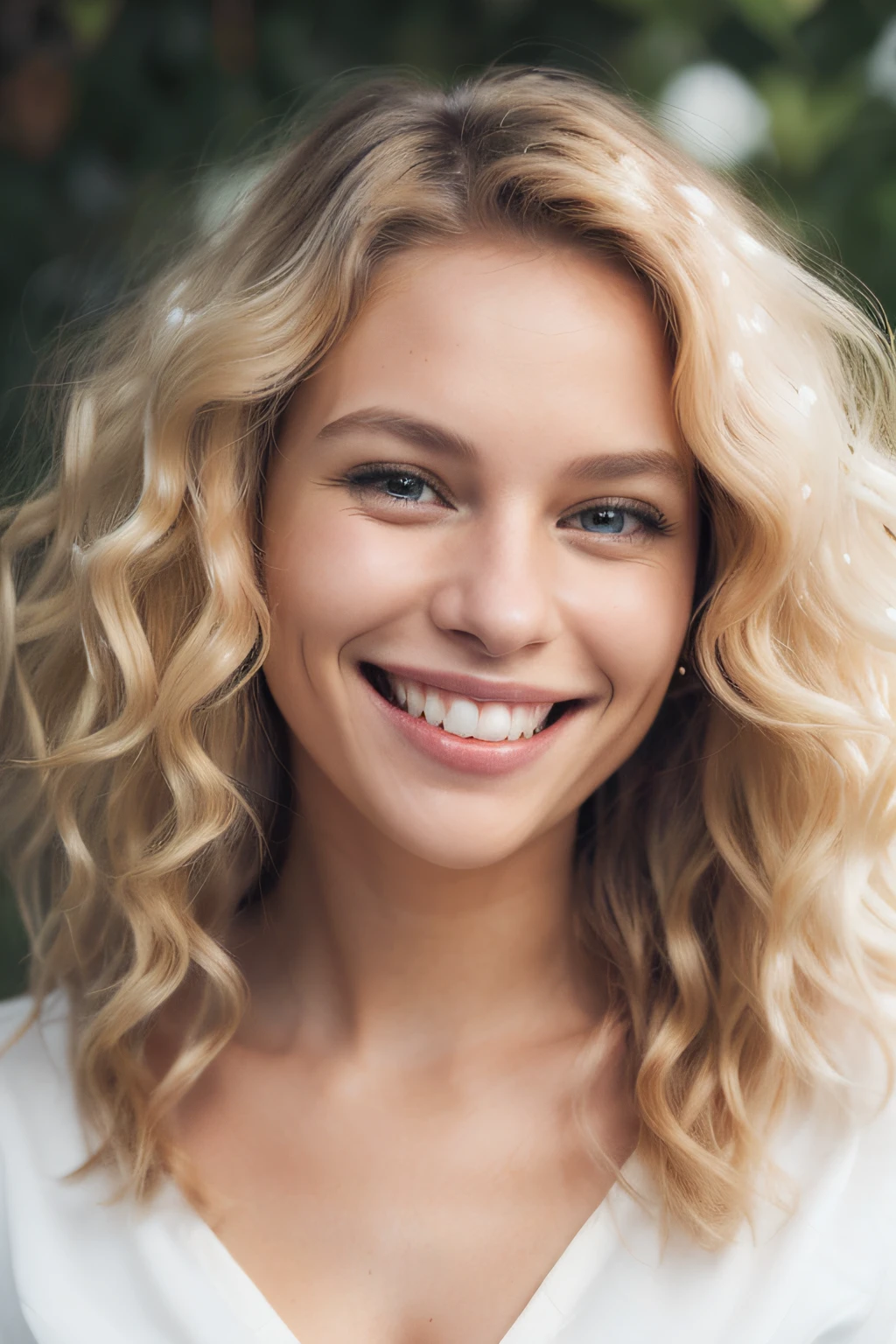 Junge Frau mit blonden langen Haaren、Nach vorne gerichtet、White back、Wearing white T-shirts、Smiling expression