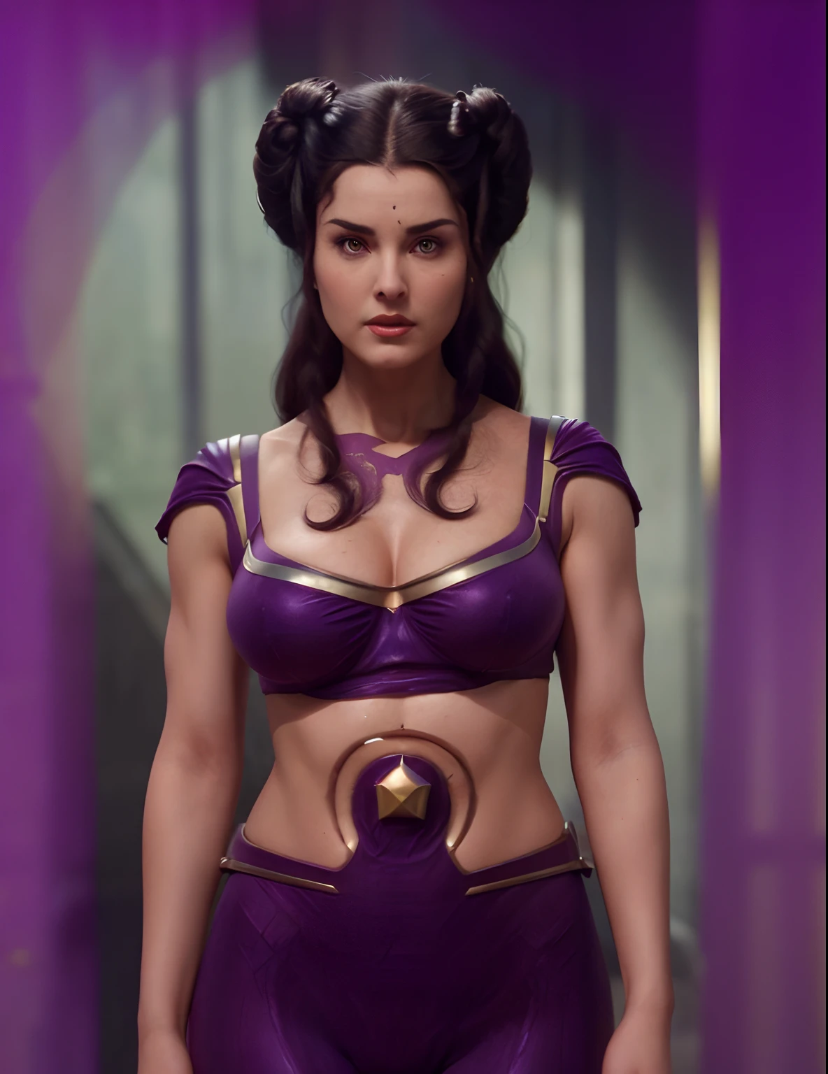 (Young Lee Meriwether), (Young seductive sultry Lee Meriwether), as Star Trek Losira, as Star Trek Original Series Losira, diabolical & dark natured, pale skin, dark hair, lithe bodacious curvaceous body, (elaborately coiffed ancient egyptian-style hair with large side rolls, wearing purple genie bikini outfit), camel toe, underboobs, in star trek the original series, (4K, 8K, extremely-high resolution), cinematic, hyper-detailed, hyper-sharp, hyper-realistic, symmetrical, "100% anatomically correct", octane render