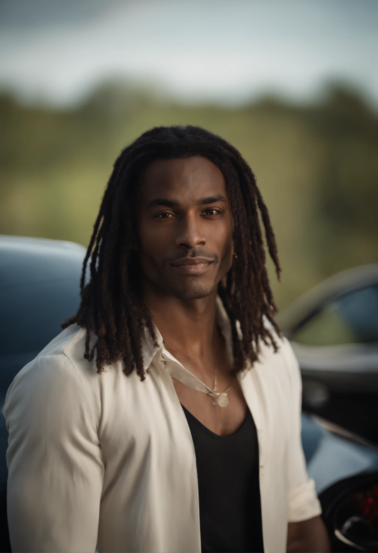 Homme jamaique de 30 ans noir , long dark hair with bleaching,coifure dreads de locks costume sombre,expression confiante,sharp jawline,peau vibrante,Souriant,beau visage,pose debout,Toile de fond de la ville,professional studio lighting,Realstic,une Ferrari, photoreallistic:1.37,Portraits,Couleurs vives,Ton froid,softlighting
