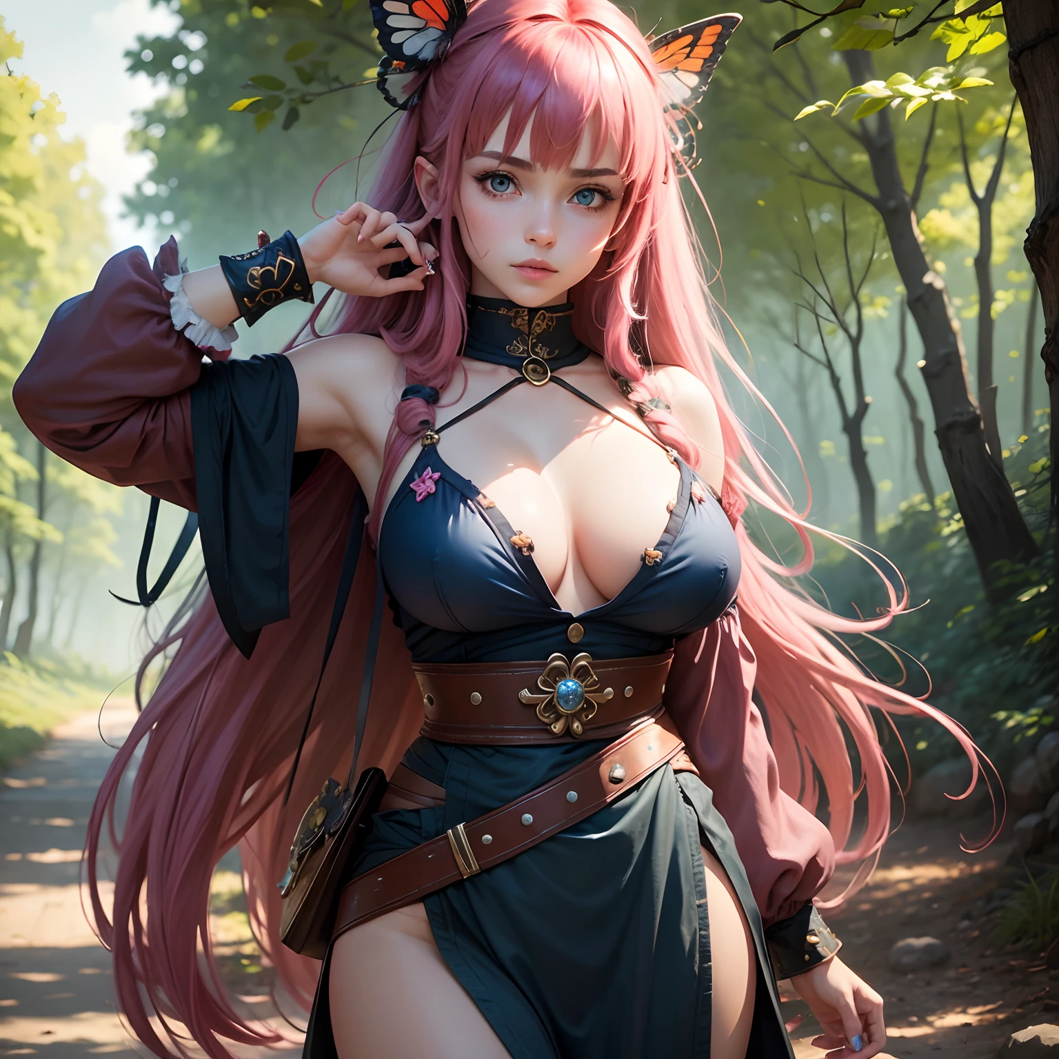 8k, masterpiece, best quality, realistic, higly detailed, cowboy shot, 1girl, solo, Nino, cute, cold-looking girl, waist-length straight hair, square bangs hanging over eyebrows, reddish-pink hair, twin butterfly-shaped ribbons on both sides of head, dark blue eyes, average height, well-endowed figure, large breasts, fashionable girl, various cute accessories, takes care of nails, Druid