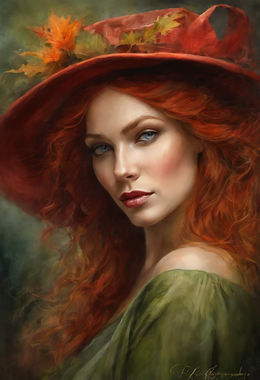 Draw a woman with red hair and a hat, portrait of a dryad, fantasy genre portrait, fantasy portrait, portrait of fairy, portrait of a dark fantasy nymph, dark fantasy portrait, Portrait of a young witch, portrait of fairy, portrait of a young witch girl, Inspired by Bastian. Deharme, portrait of a fairy