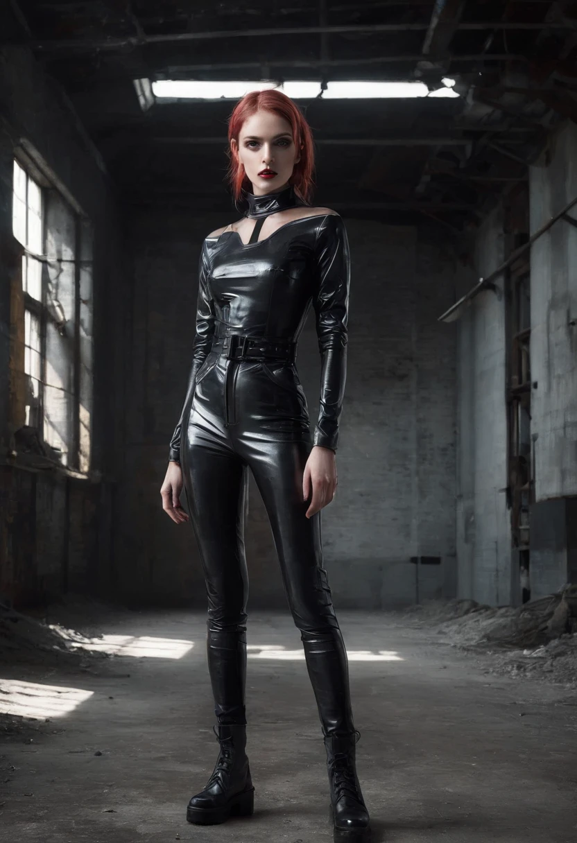 woman dressed in latex posing for a photo in the inside of an abandoned factory, fetish aesthetic, cyborg woman, dark techno aesthetic, industrial goth aesthetic, intern of an abandoned factory in the background, ultra detailed, photorealistic, masterpiece.