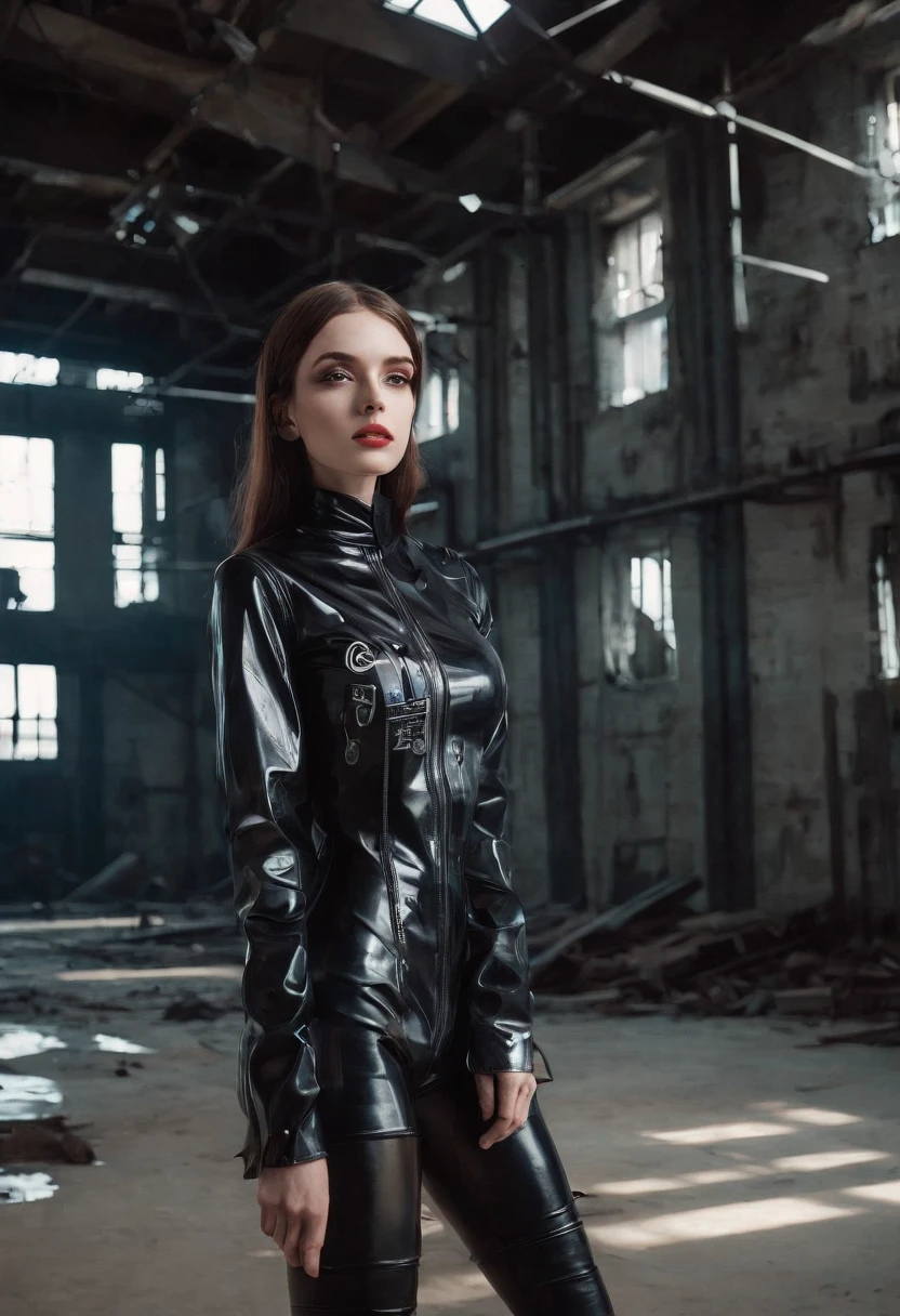 woman dressed in latex posing for a photo in the inside of an abandoned factory, fetish aesthetic, cyborg woman, dark techno aesthetic, industrial goth aesthetic, intern of an abandoned factory in the background, ultra detailed, photorealistic, masterpiece.