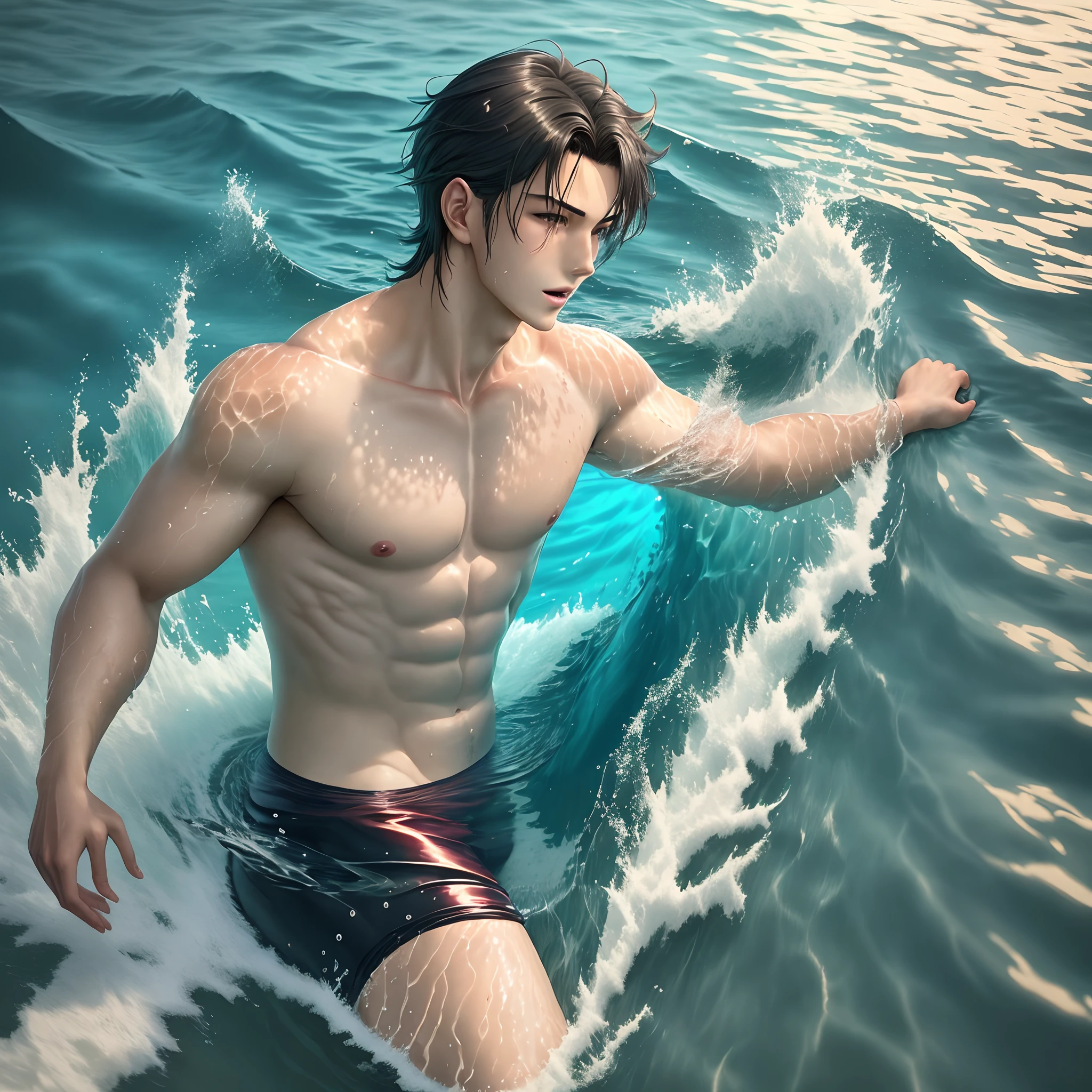 Hot anime man swimming in the ocean