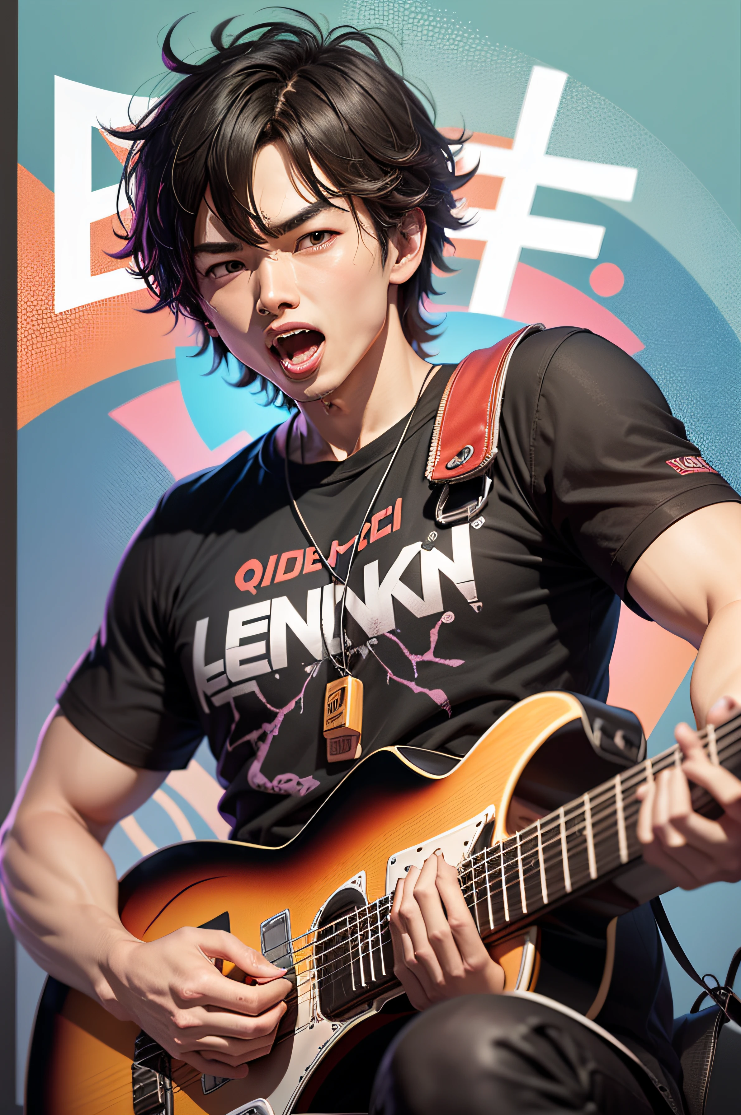 Quoting the cartoon character from Tencent's QQ Landlord game, depict the character playing the guitar and singing. Have the text "LIDINGKUN" and "Tencent QQ" appear in a cool font as a backdrop. --auto --s2