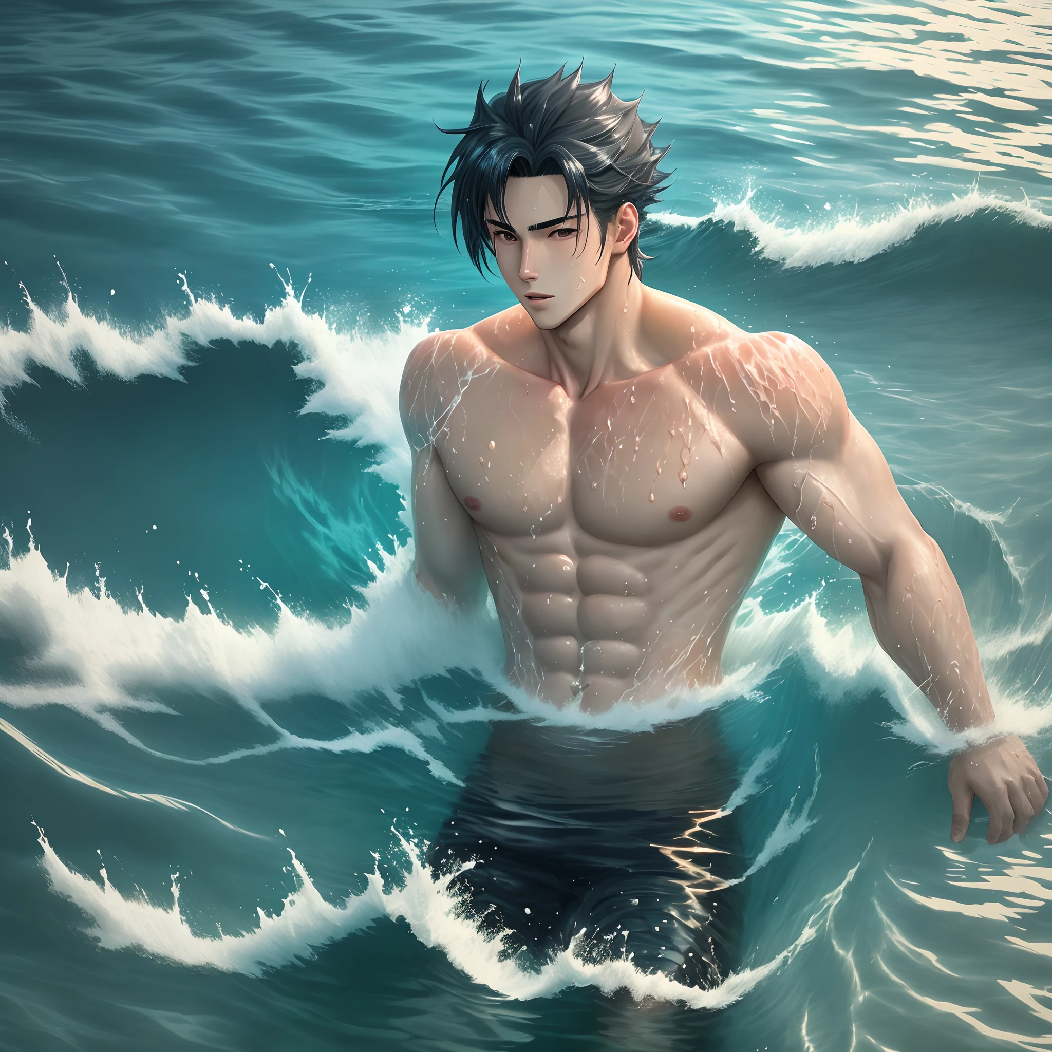 Hot anime man swimming in the ocean