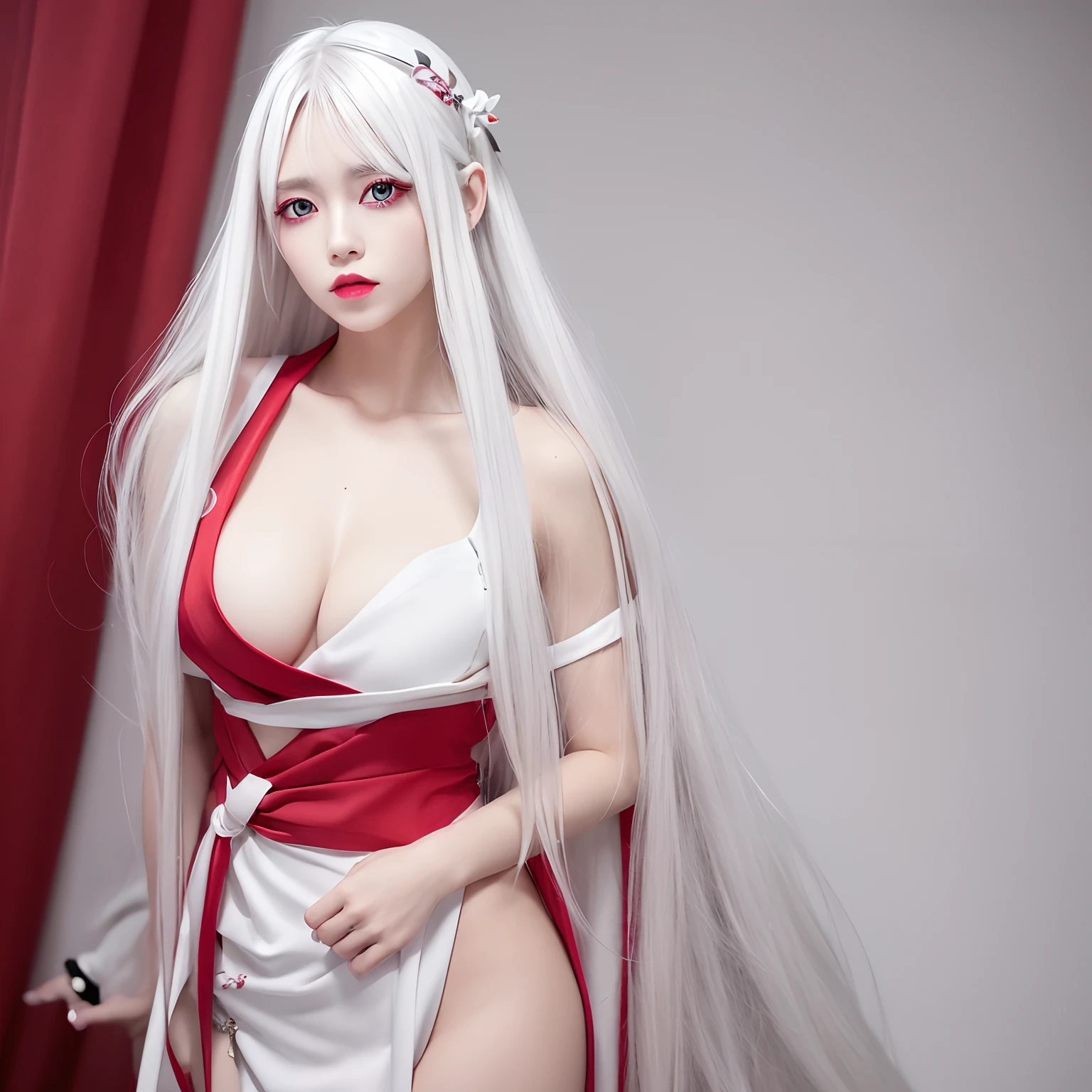 a girl,White Hair,long-haired,In red eyes,white outfit,((To the waist)),lifelike,Double eyelidd,eyelashes,Pink mouth