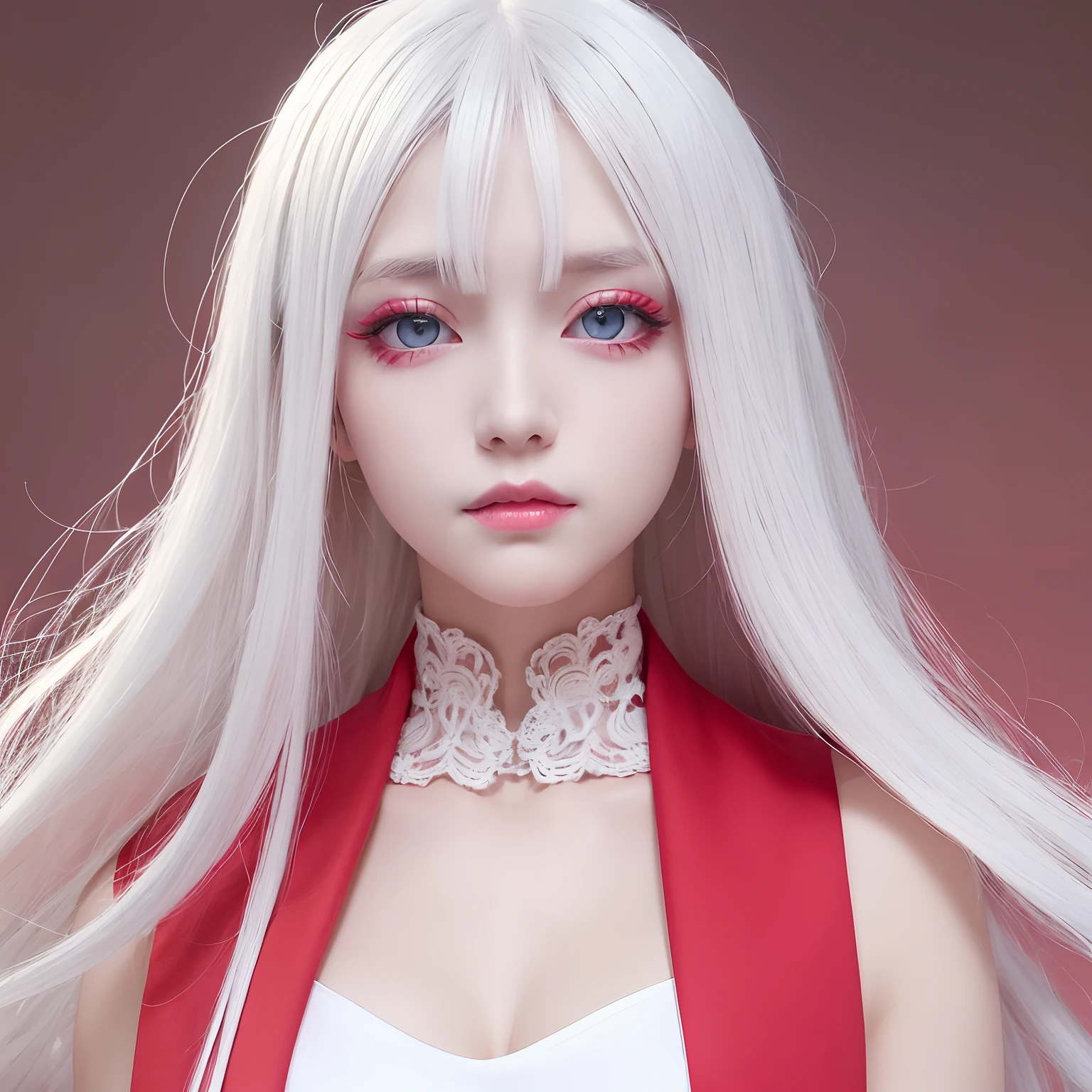 best quality, masterpiece, White hair, detailed, red eyes, windy, floating hair, snowy, upper body, detailed face, winter, trees, sunshine, midriff