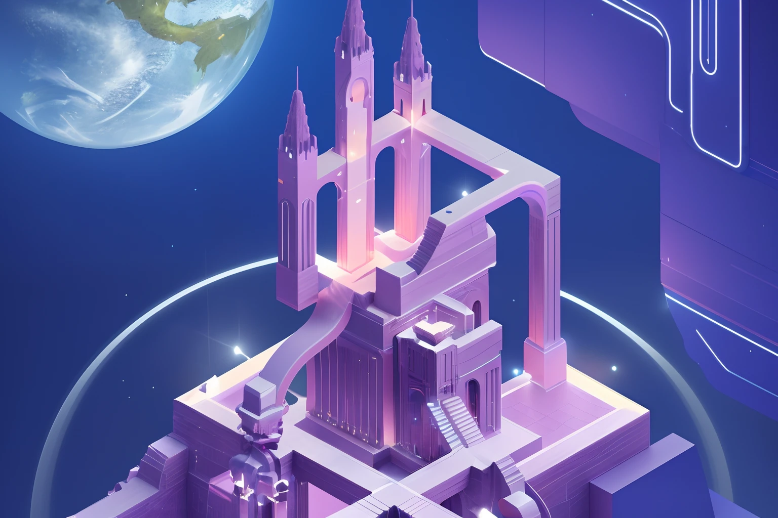 Translucent Ethereal Mechanical Monument Valley，Futuristic Monument Valley，Mechanical joints，Futuristic Monument Valley，Mechanical castle，Mechanical Monument Valley，There are a lot of stairs and mechanisms inside，Intricate staircase，Sparkling treasure，A castle built with blocks，Pink space，Dreamy colors，absurderes，It's ridiculous，ultra-realistic realism，tmasterpiece，high qulity，UHD resolution，16k，realisticlying，Very realistic，Beautiful sci-fi art, Science-fi digital art illustration, Digital cyberpunk art, science fiction digital painting, futuristic digital painting, futuristic concept art, In front of the view of the sci-fi Monument Valley, science fiction digital art, Advanced digital cyberpunk art, dreamy cyberpunk girl，Epic surrealism，Monument Valley style, isometric game art, detailed game art illustration,