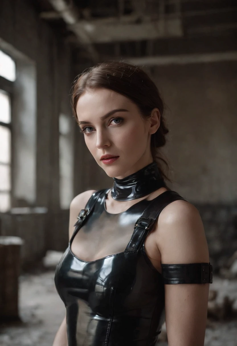 woman dressed in latex posing for a photo in the inside of an abandoned factory, fetish aesthetic, cyborg woman, dark techno aesthetic, industrial goth aesthetic, intern of an abandoned factory in the background, ultra detailed, photorealistic, masterpiece.