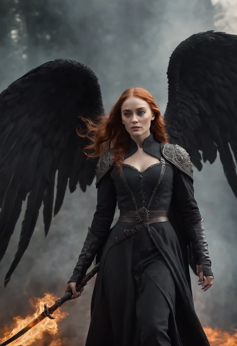 Looks like Sophie Turner, (masterpiece, 8K, UHD, photo-realistic:1.3), Death's Angel, man, (glistening ebony wings:1.4), towering, holding a (sleek scythe:1.2) in grip, cold steel, reflecting flames, standing atop, (mound of skulls:1.3), empty eye sockets, whispers of past souls, fiery backdrop, raging inferno, dancing flames, silhouetting the figure, billowing smoke, crimson hue, intimidating presence, ominous atmosphere, dynamic angle, side view, deep shadows, intricate detailing on wings and attire.