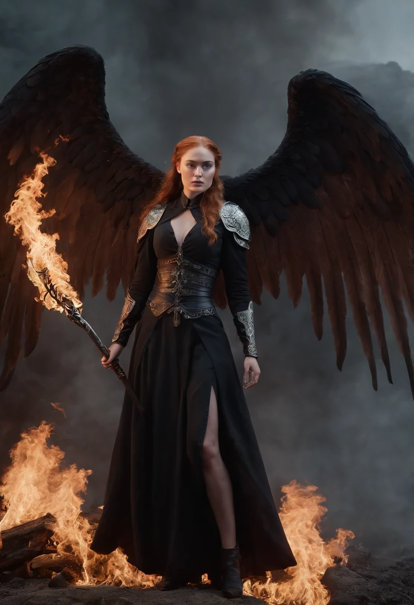 Looks like Sophie Turner, (masterpiece, 8K, UHD, photo-realistic:1.3), Death's Angel, man, (glistening ebony wings:1.4), towering, holding a (sleek scythe:1.2) in grip, cold steel, reflecting flames, standing atop, (mound of skulls:1.3), empty eye sockets, whispers of past souls, fiery backdrop, raging inferno, dancing flames, silhouetting the figure, billowing smoke, crimson hue, intimidating presence, ominous atmosphere, dynamic angle, side view, deep shadows, intricate detailing on wings and attire.