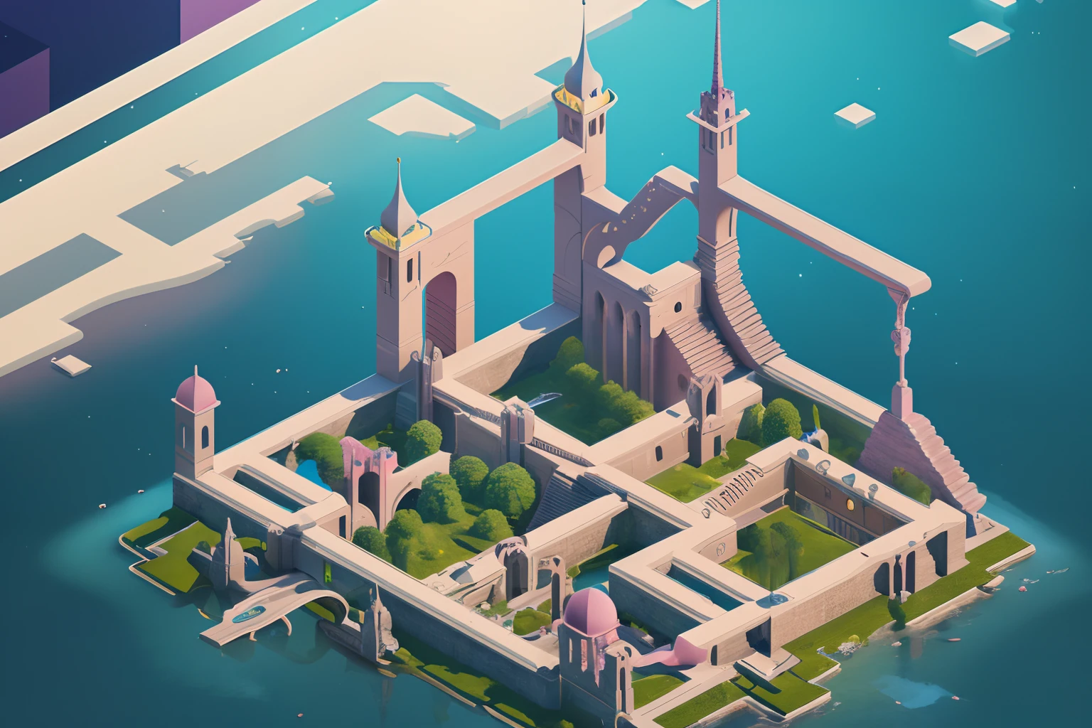 The princess searches for missing treasure in Monument Valley，Monument Valley is a futuristic castle in the medieval style，There are a lot of stairs and mechanisms inside，Intricate staircase，Sparkling treasure，A castle built with blocks，Pink space，Dreamy colors，absurderes，It's ridiculous，ultra-realistic realism，tmasterpiece，high qulity，UHD resolution，16k，realisticlying，Very realistic，Epic fairy tale fantasy，Epic futuristic fantasy，Epic surrealism，Monument Valley style, isometric game art, detailed game art illustration, Isometric art, isometric 2 d game art, Neon ancient ruins, incredible isometric screenshot, Art Station Geometry, Detailed game art, isometric voxel art, beeple daily art, 4K detailed digital art